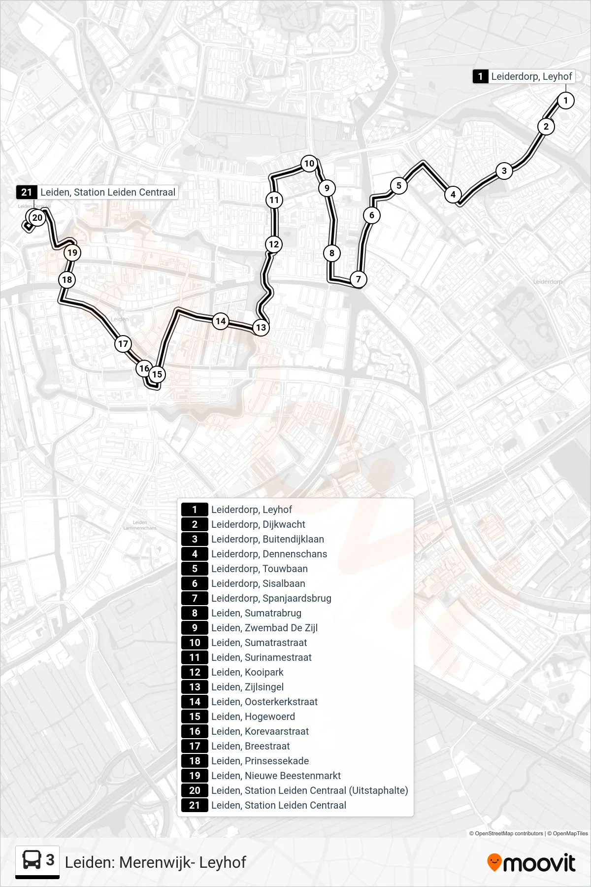 Lijn 3 (bus, Leiden Cs): route en haltes op de kaart