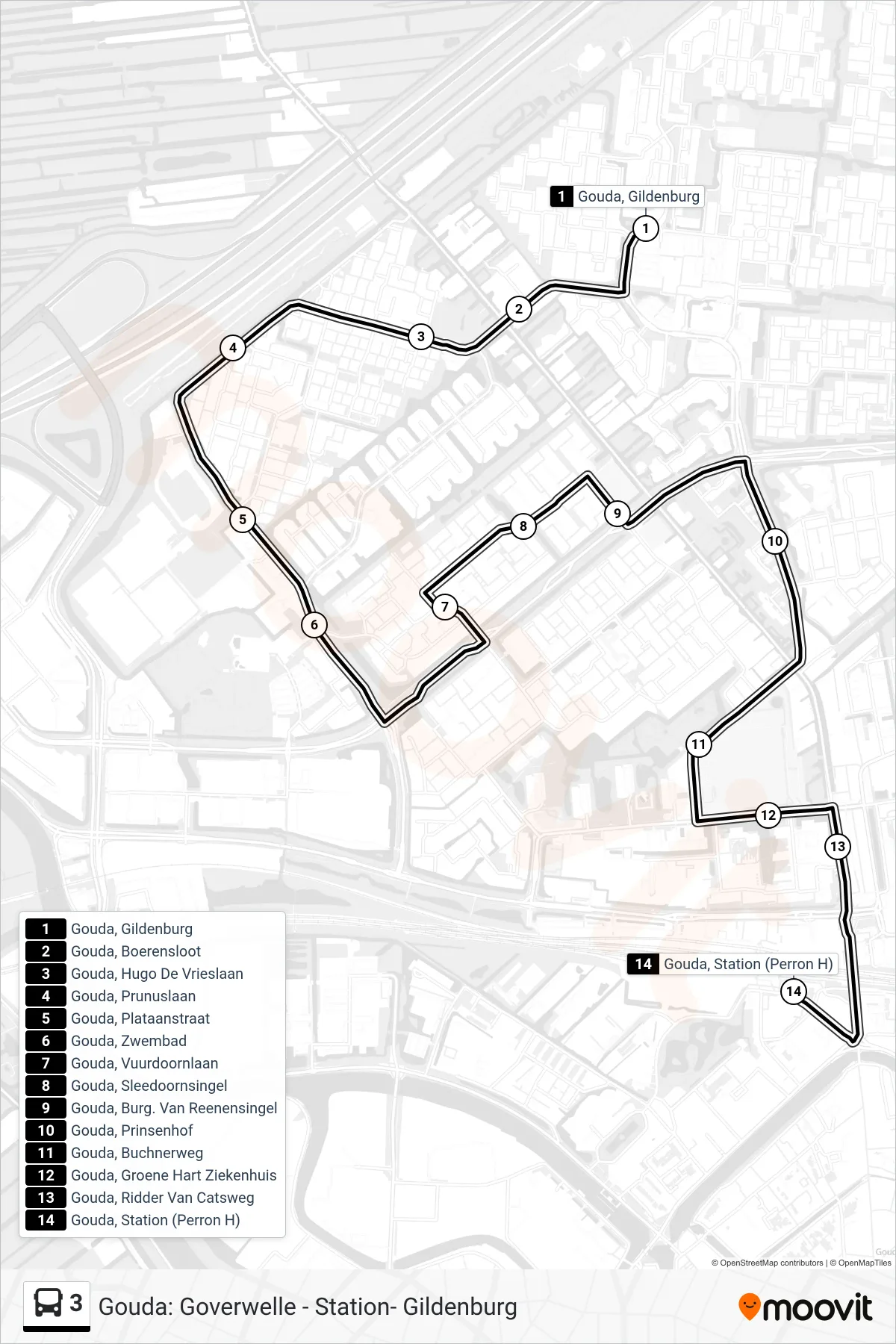 Lijn 3 (bus, Gouda Station): route en haltes op de kaart