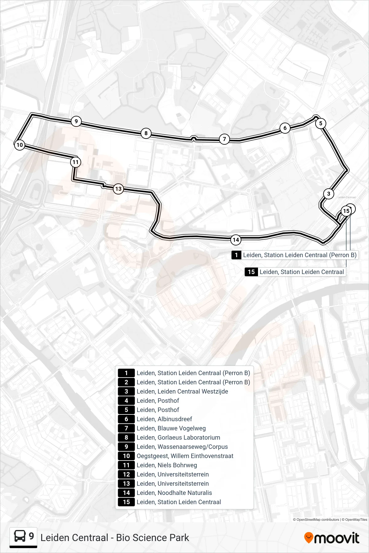 Lijn 9 (bus, Bio Science Park): route en haltes op de kaart
