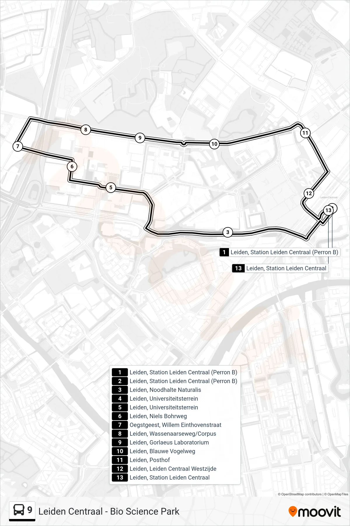 Lijn 9 (bus, Bio Science Park): route en haltes op de kaart