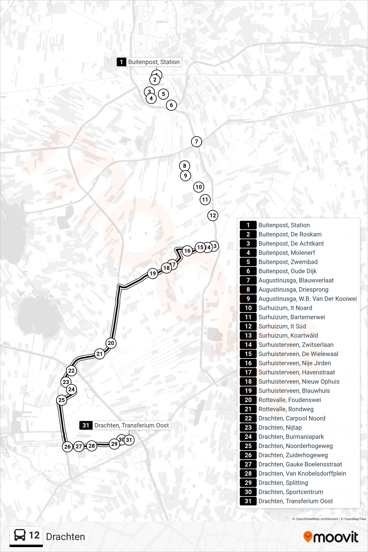 12 bus Line (Drachten) route and stops on a map