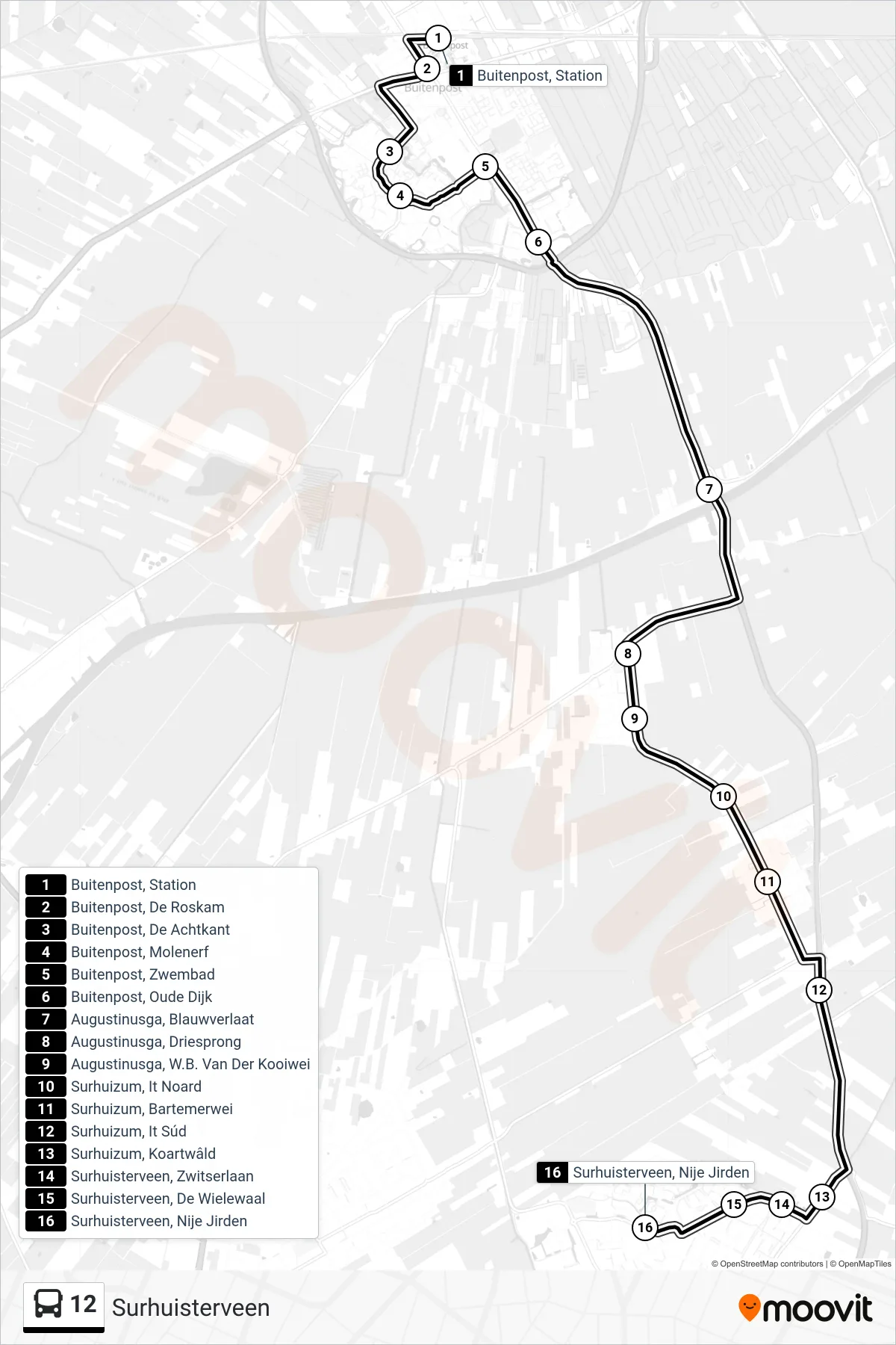 Lijn 12 (bus, Surhuisterveen): route en haltes op de kaart