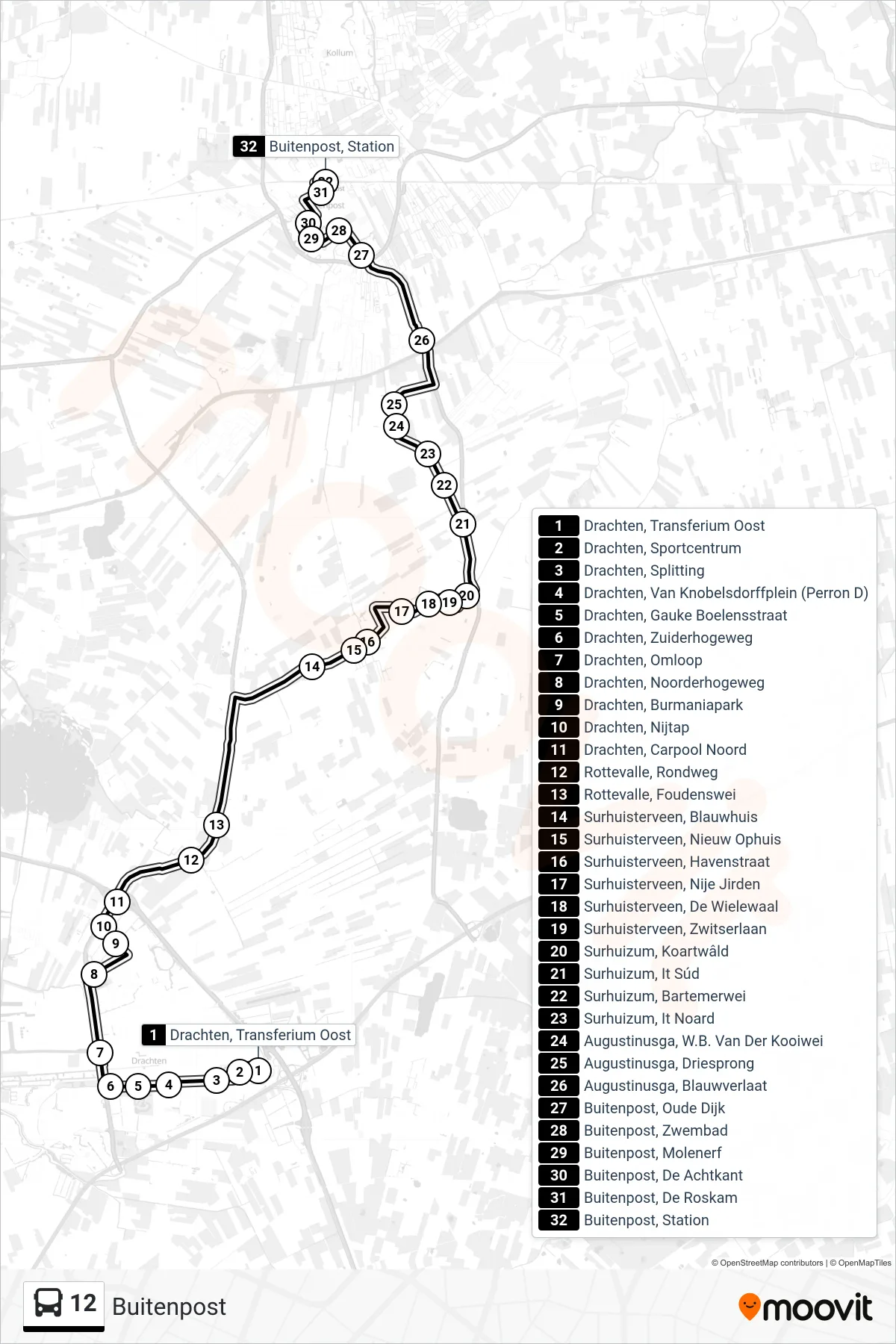 Lijn 12 (bus, Buitenpost): route en haltes op de kaart