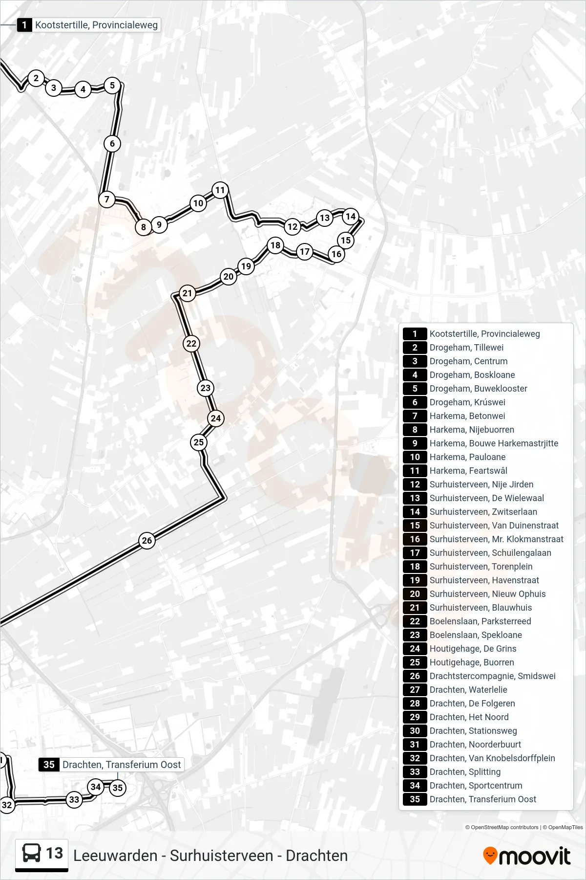 Lijn 13 (bus, Drachten): route en haltes op de kaart