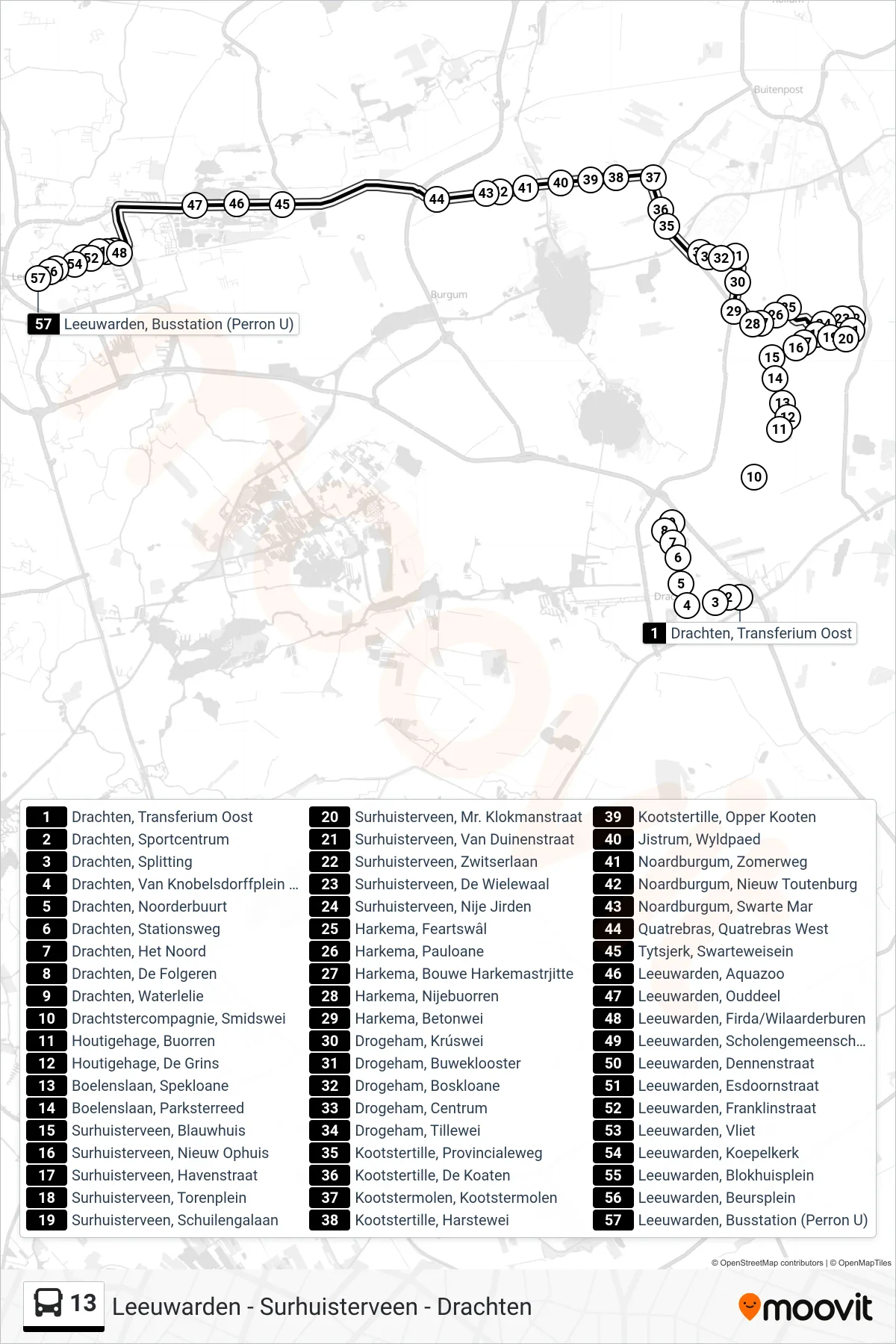 Lijn 13 (bus, Leeuwarden): route en haltes op de kaart