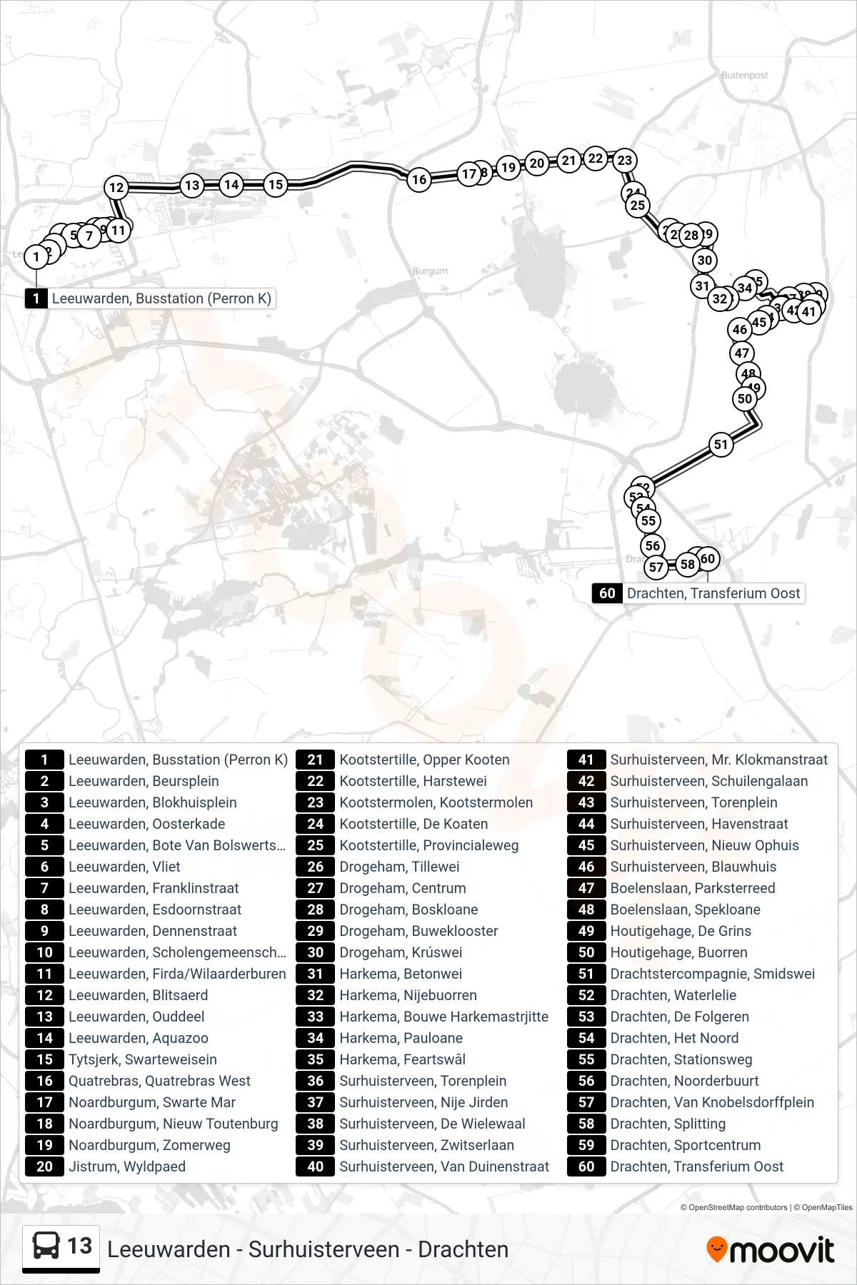 Lijn 13 (bus, Surhuisterveen): route en haltes op de kaart