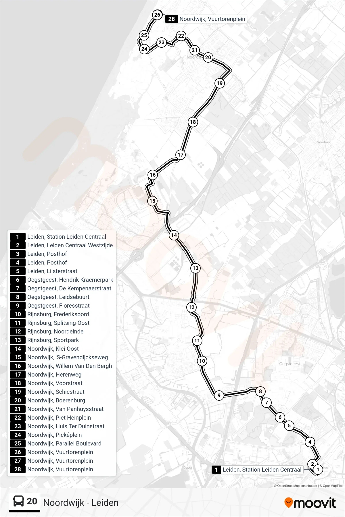 Lijn 20 (bus, Noordwijk): route en haltes op de kaart