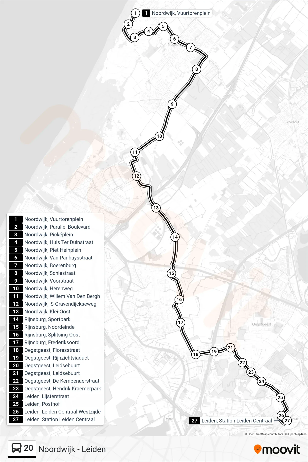 Lijn 20 (bus, Leiden Cs): route en haltes op de kaart