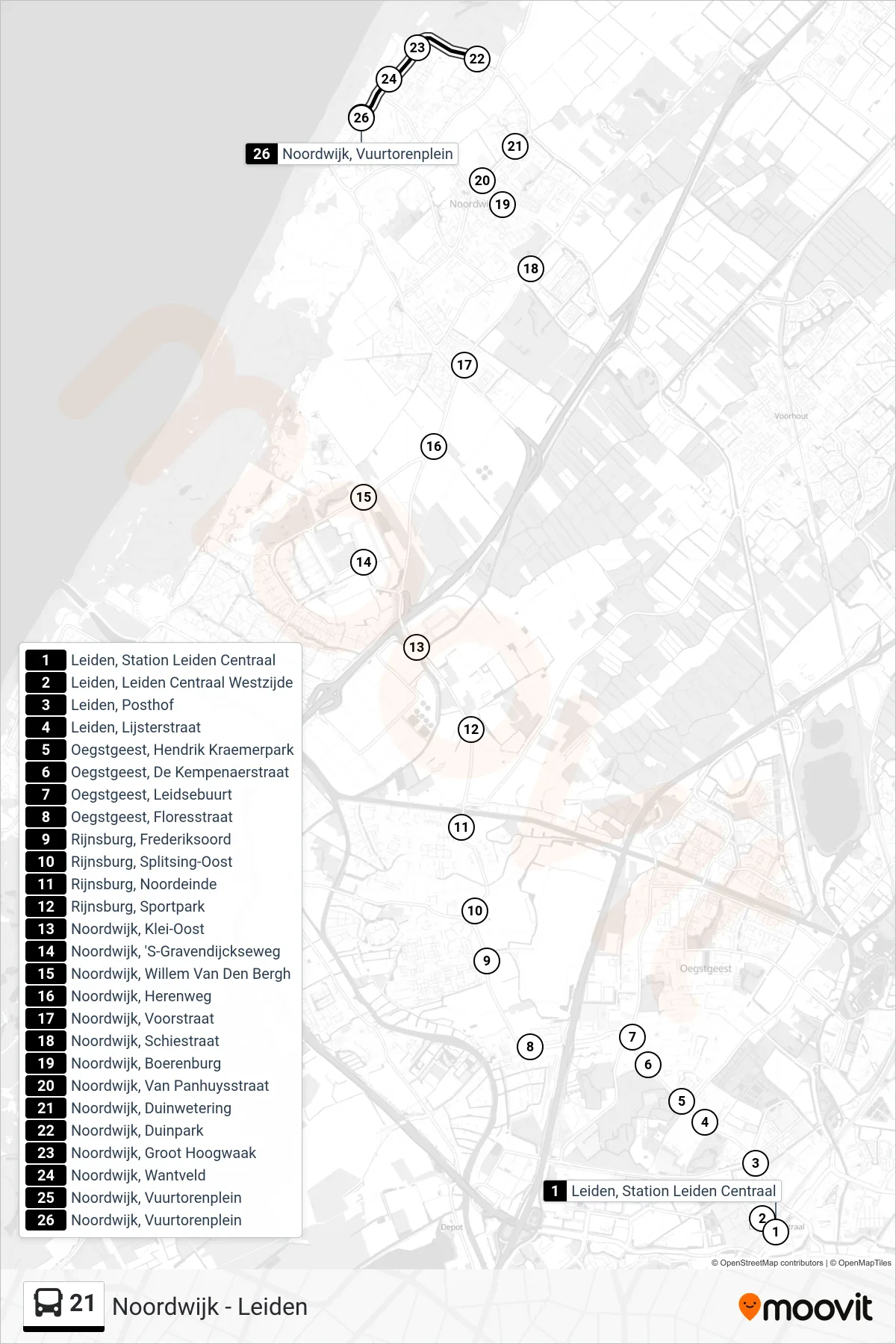 Lijn 21 (bus, Noordwijk): route en haltes op de kaart