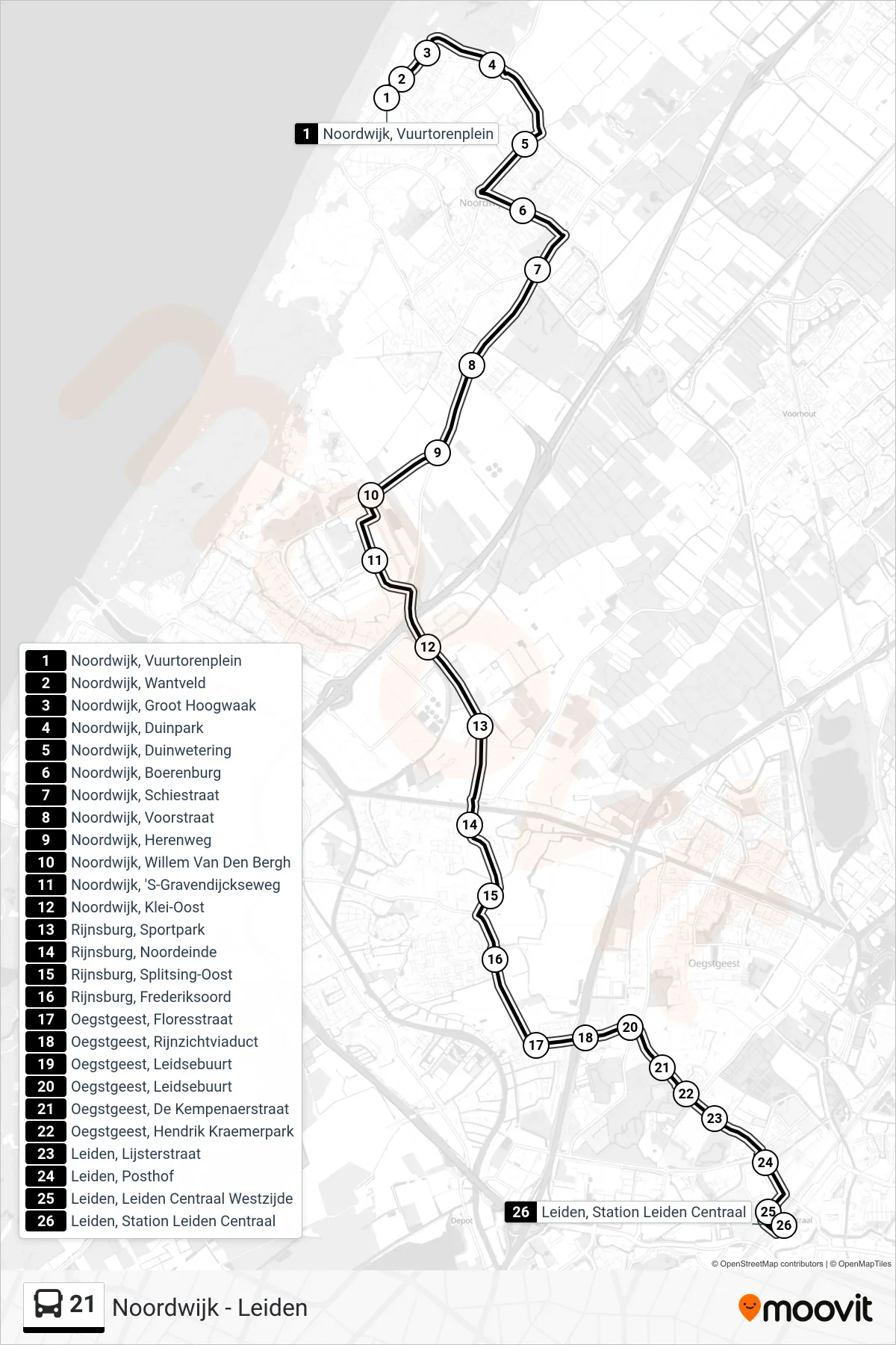 Lijn 21 (bus, Leiden Cs): route en haltes op de kaart