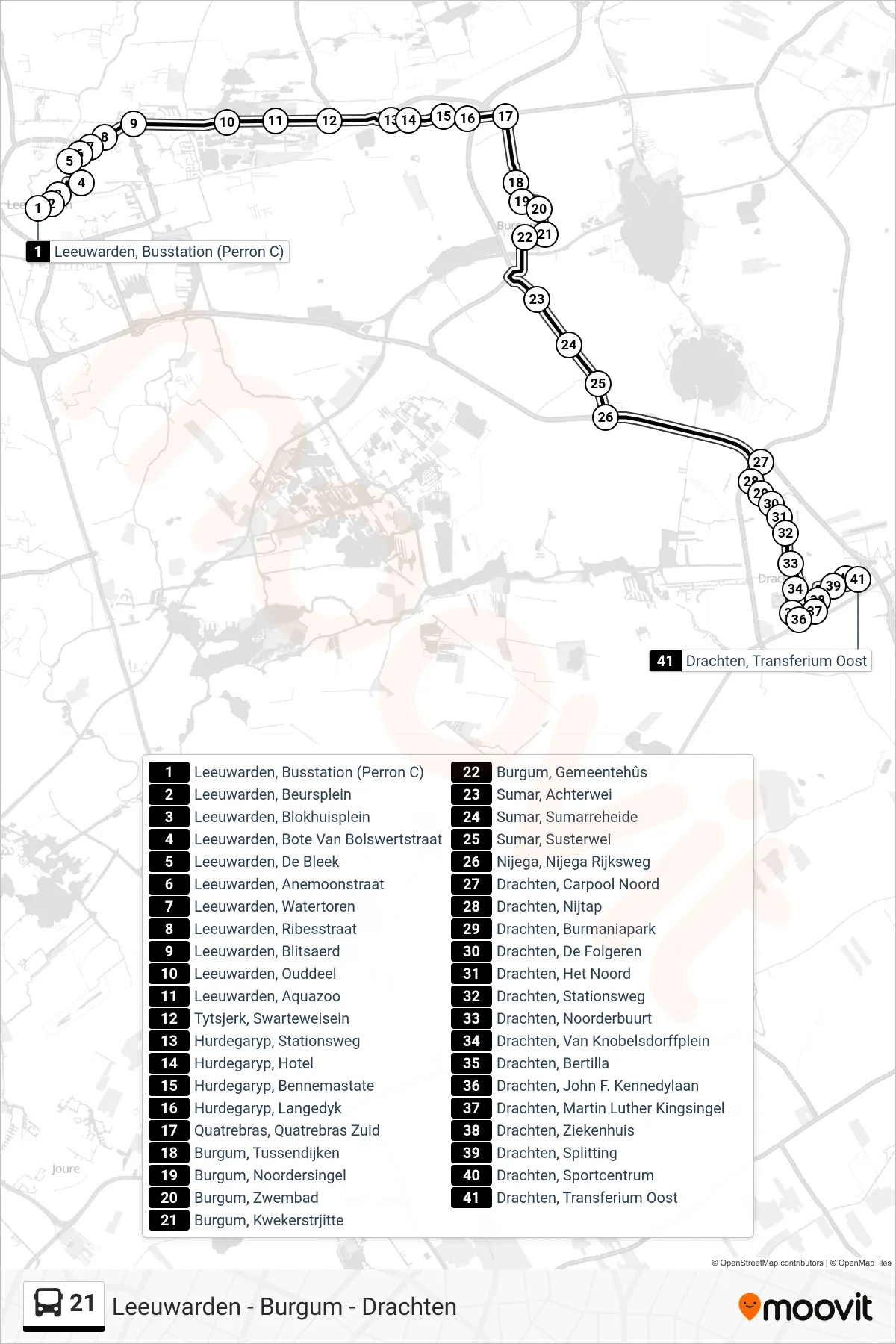Lijn 21 (bus, Drachten): route en haltes op de kaart