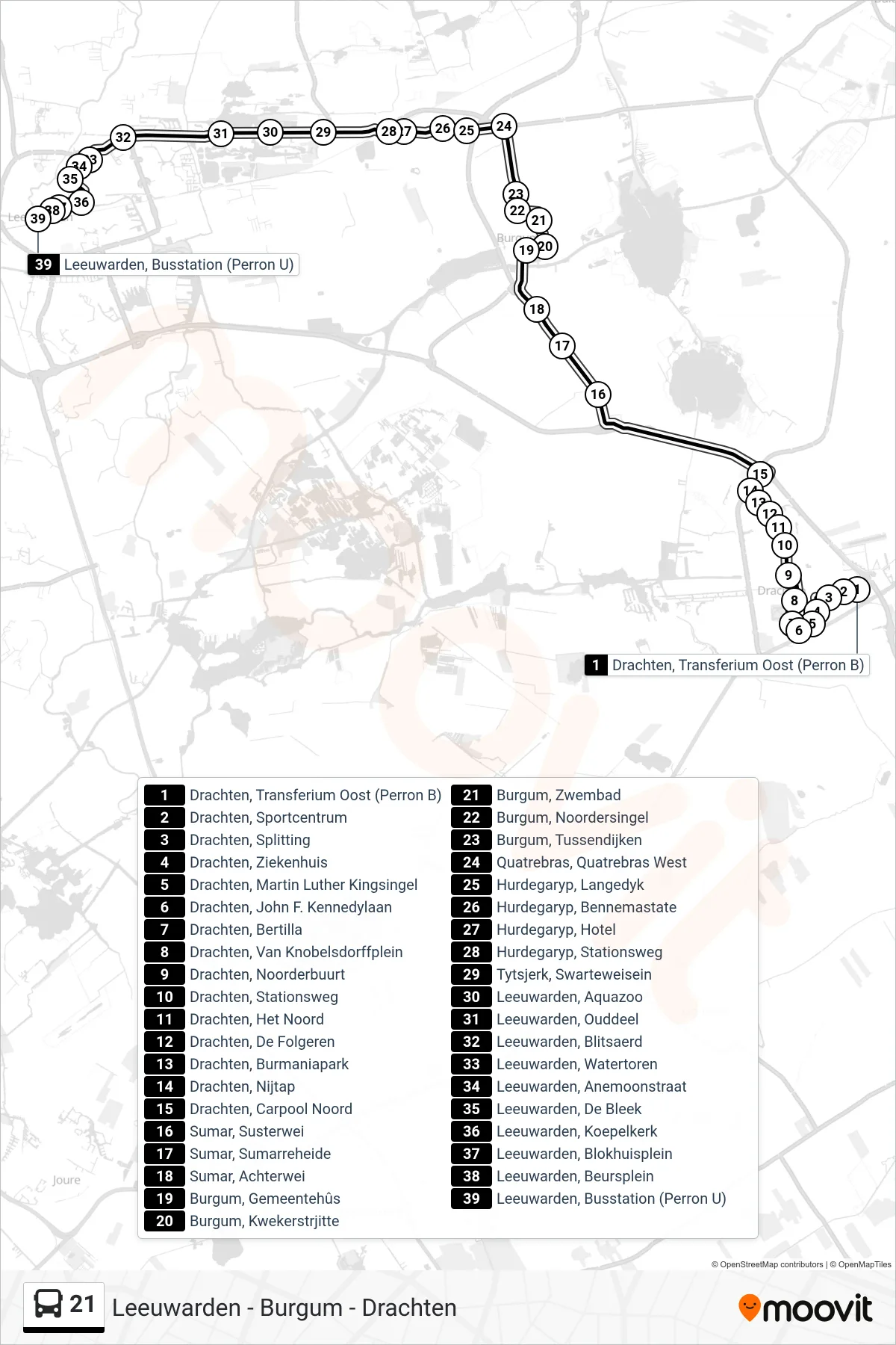 21 bus Line (Leeuwarden) route and stops on a map