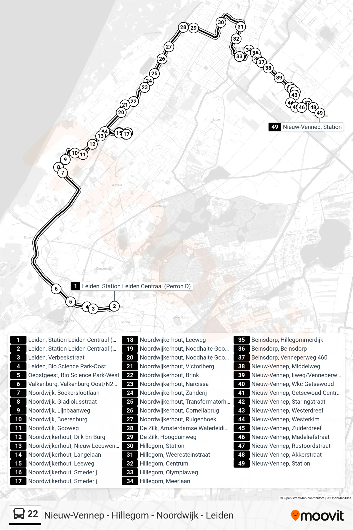 Linie 22 (Bus) Richtung Nieuw-Vennep: Route und Haltestellen auf der Karte
