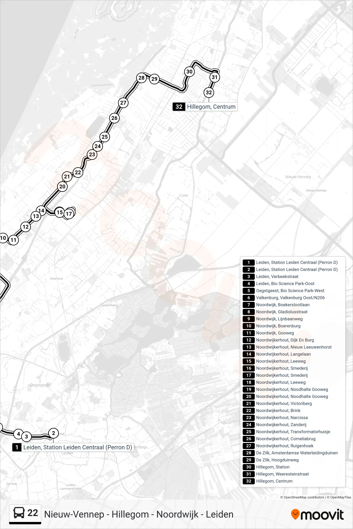 Lijn 22 (bus, Hillegom): route en haltes op de kaart