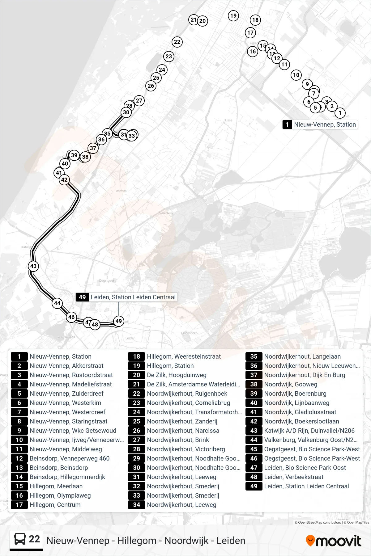 Lijn 22 (bus, Leiden Cs): route en haltes op de kaart