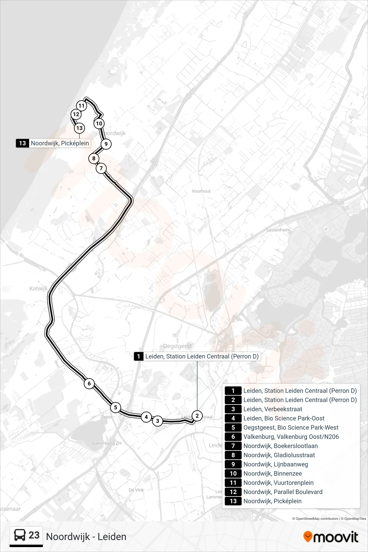 23 bus Line (Noordwijk) route and stops on a map
