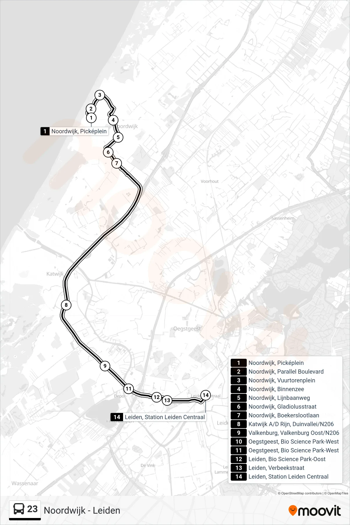 Lijn 23 (bus, Leiden Cs): route en haltes op de kaart