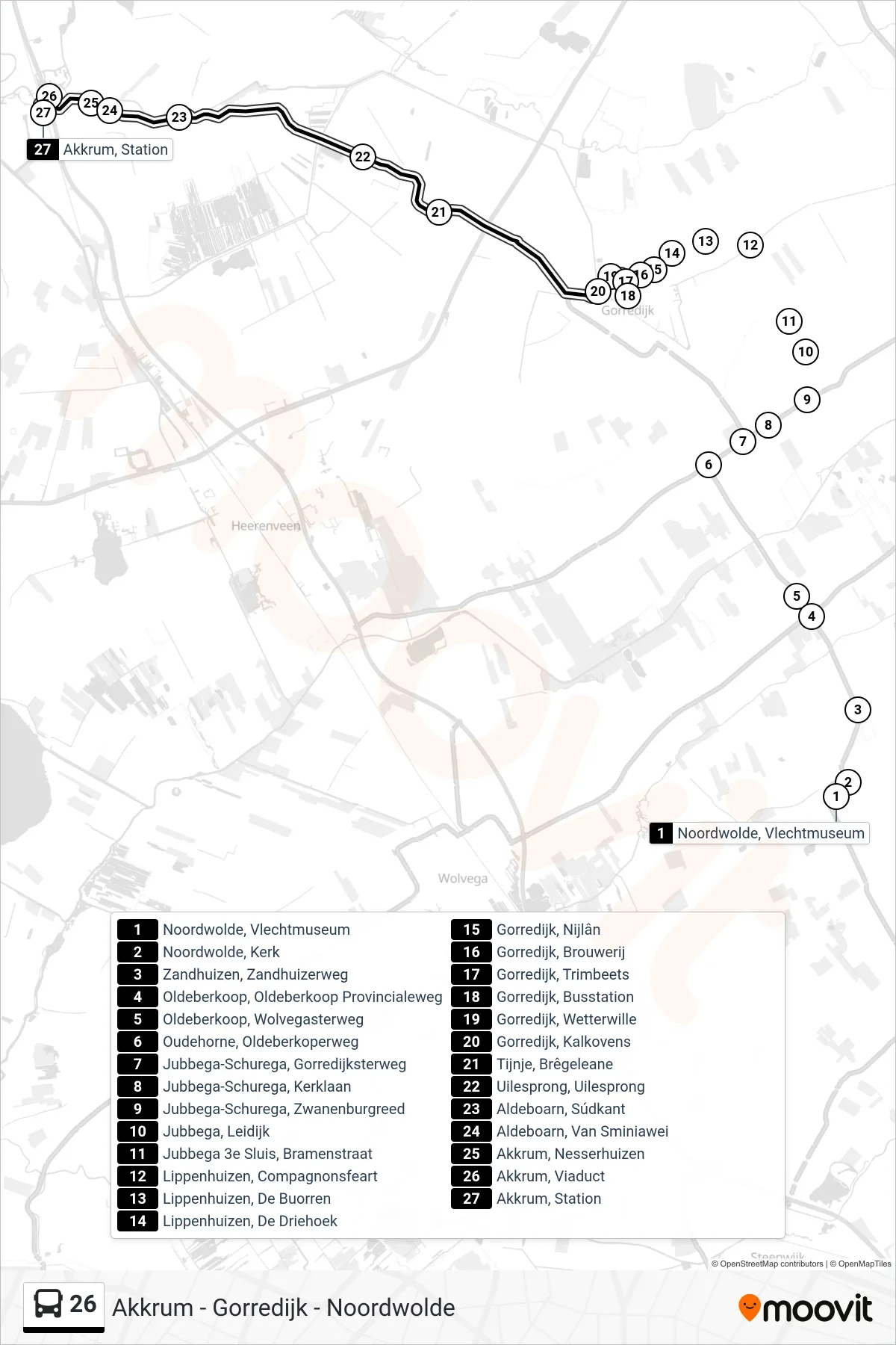 Lijn 26 (bus, Akkrum): route en haltes op de kaart