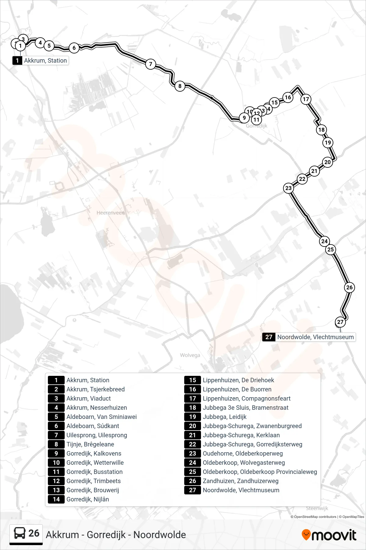 Lijn 26 (bus, Noordwolde): route en haltes op de kaart
