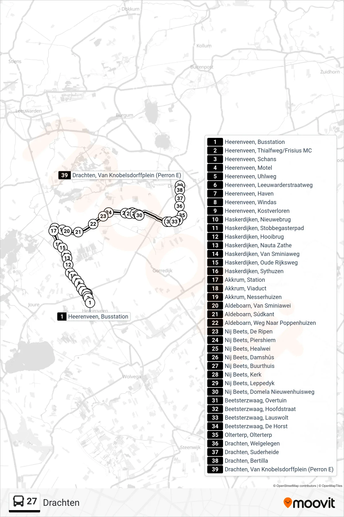 Lijn 27 (bus, Drachten): route en haltes op de kaart