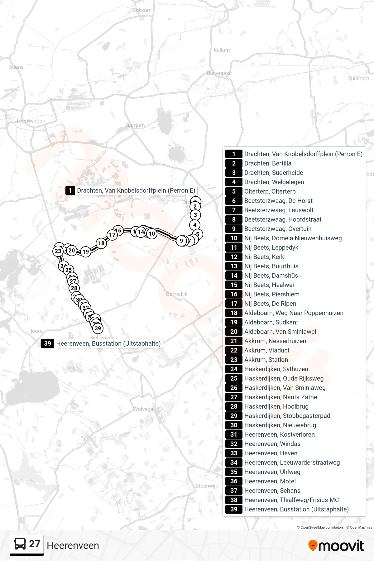 Lijn 27 (bus, Heerenveen): route en haltes op de kaart