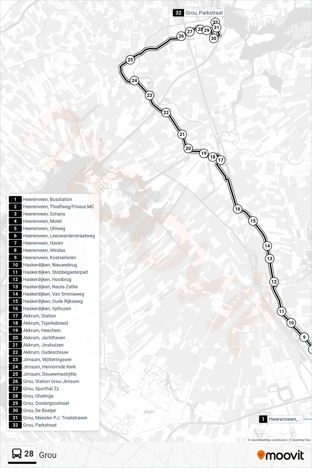 Lijn 28 (bus, Grou): route en haltes op de kaart