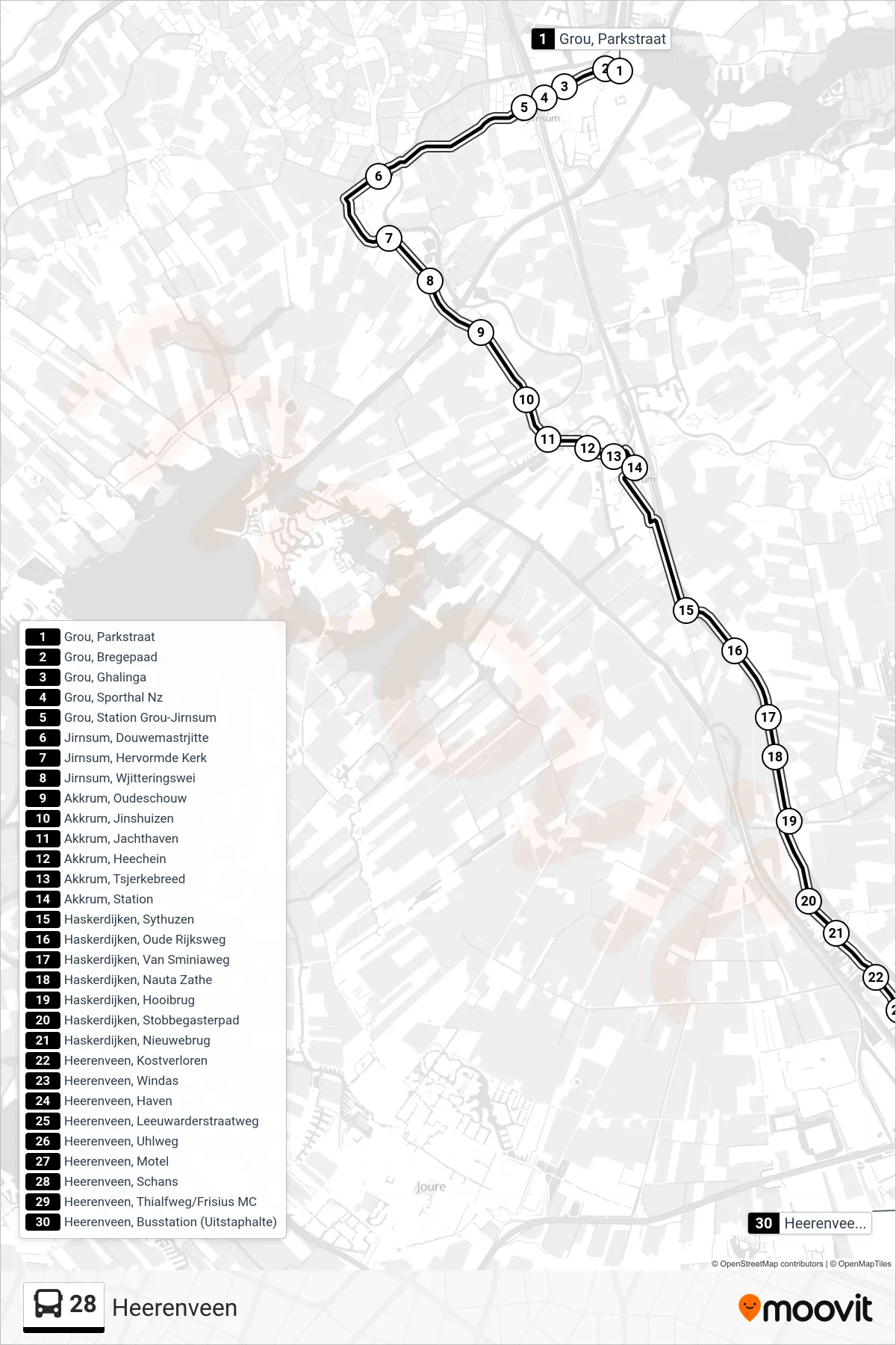 Lijn 28 (bus, Heerenveen): route en haltes op de kaart