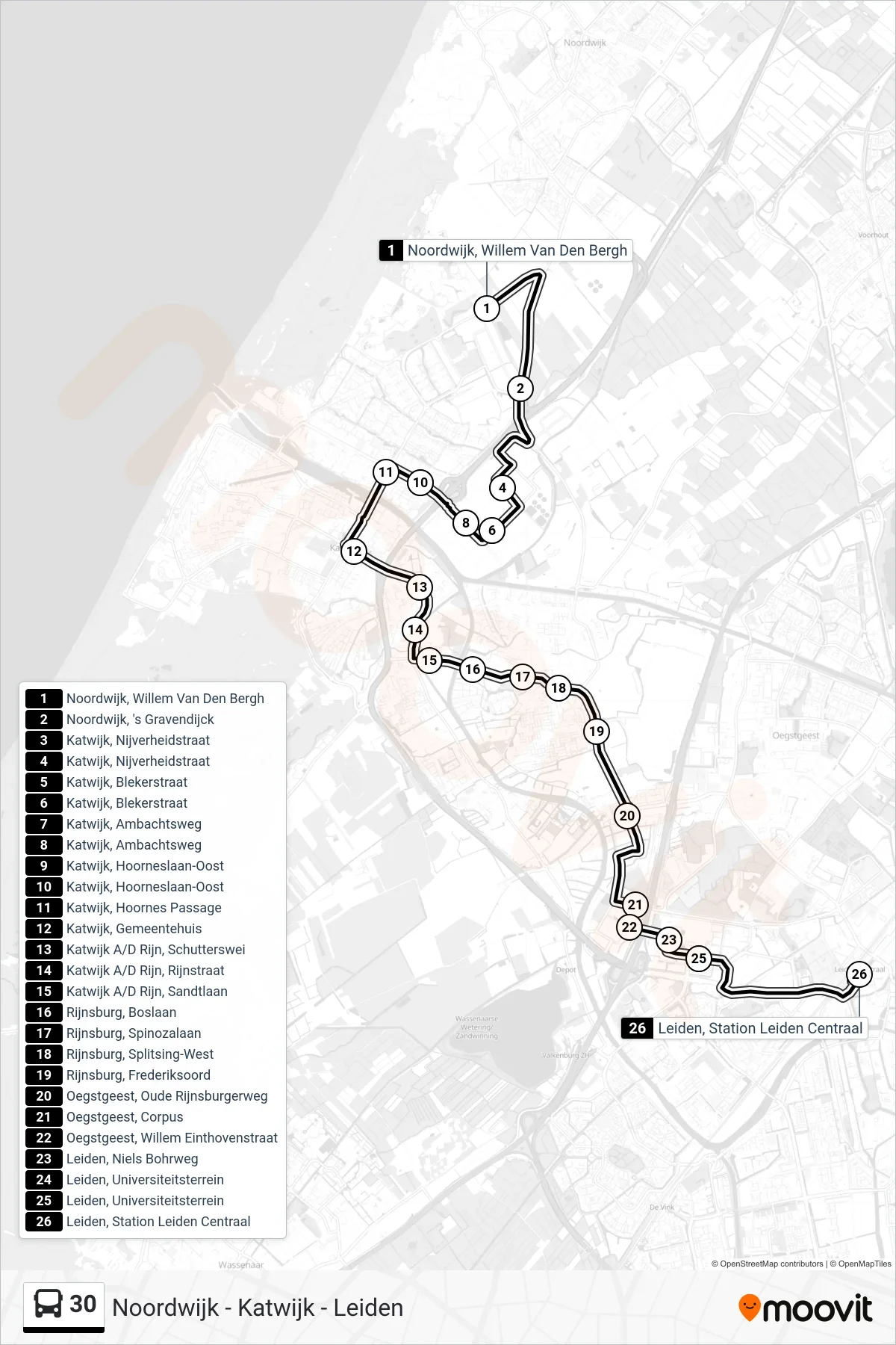 Lijn 30 (bus, Leiden Cs): route en haltes op de kaart