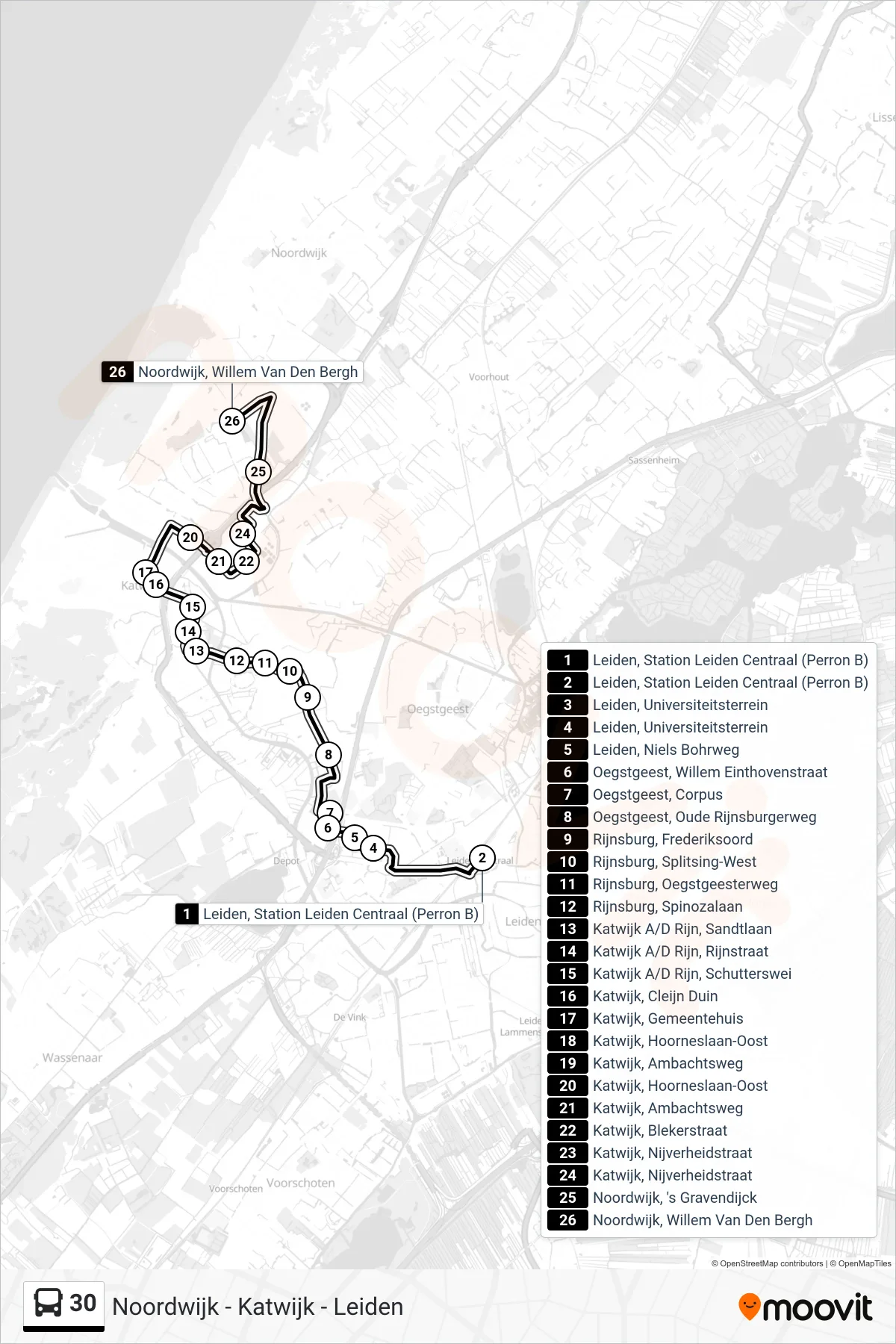 Lijn 30 (bus, Katwijk): route en haltes op de kaart