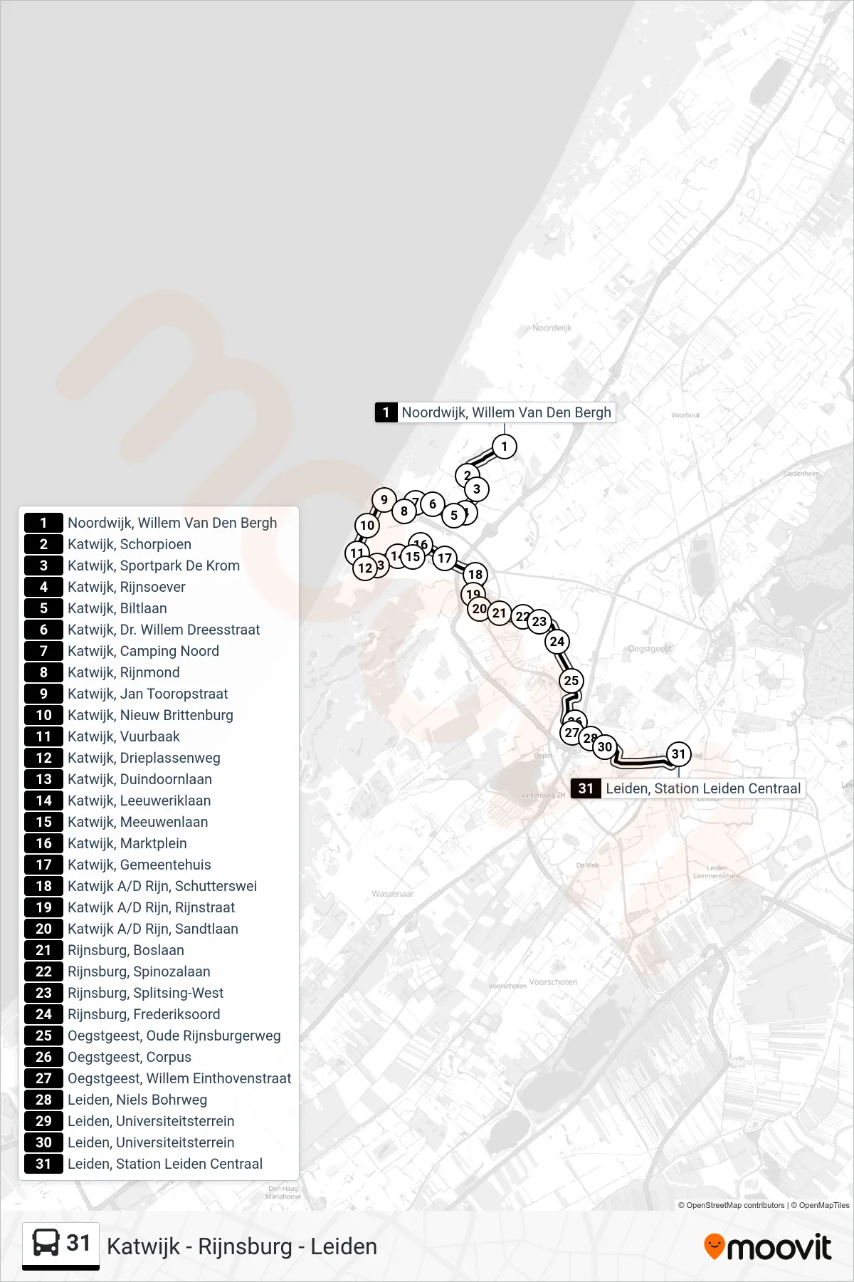 31 bus Line (Leiden Cs) route and stops on a map