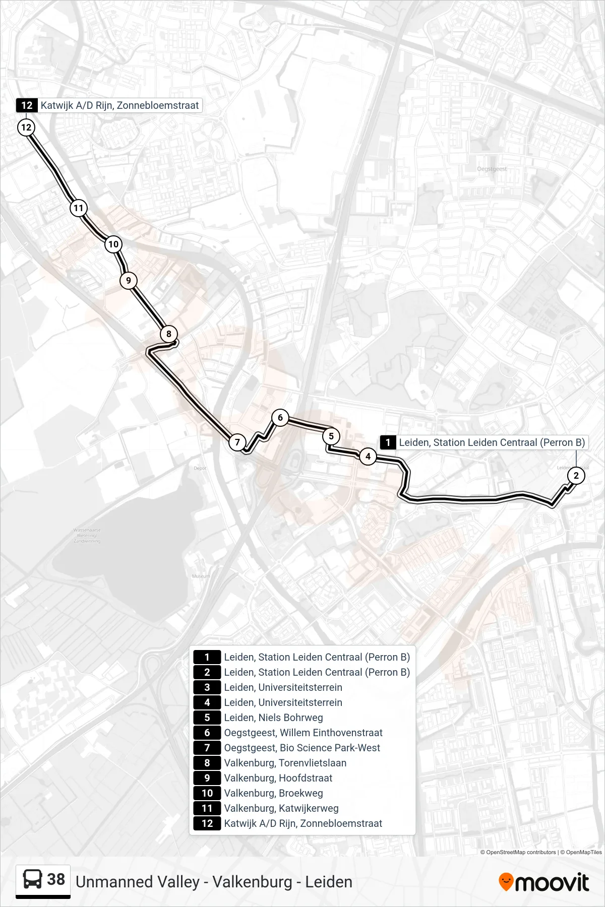Lijn 38 (bus, Katwijk A/D Rijn): route en haltes op de kaart