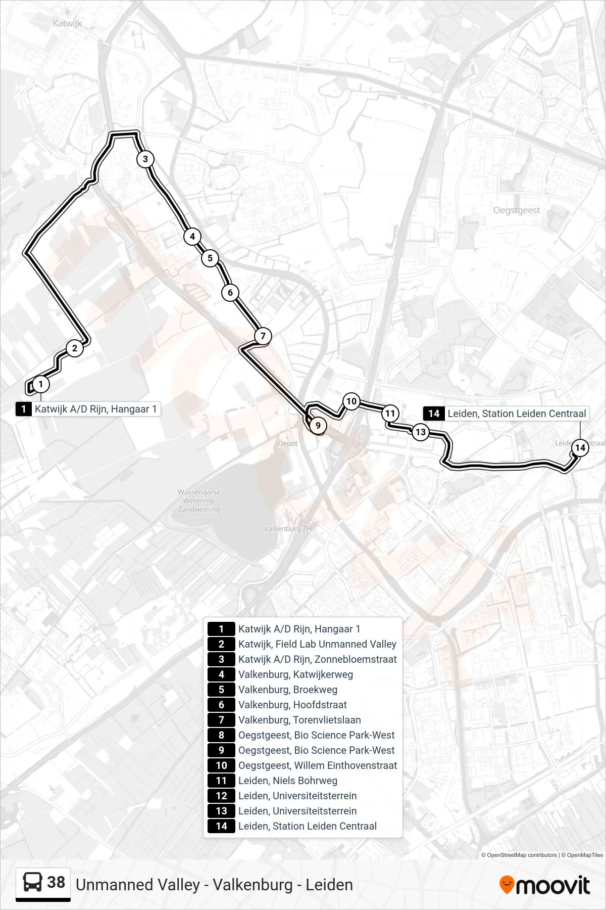 38 bus Line (Leiden Cs) route and stops on a map