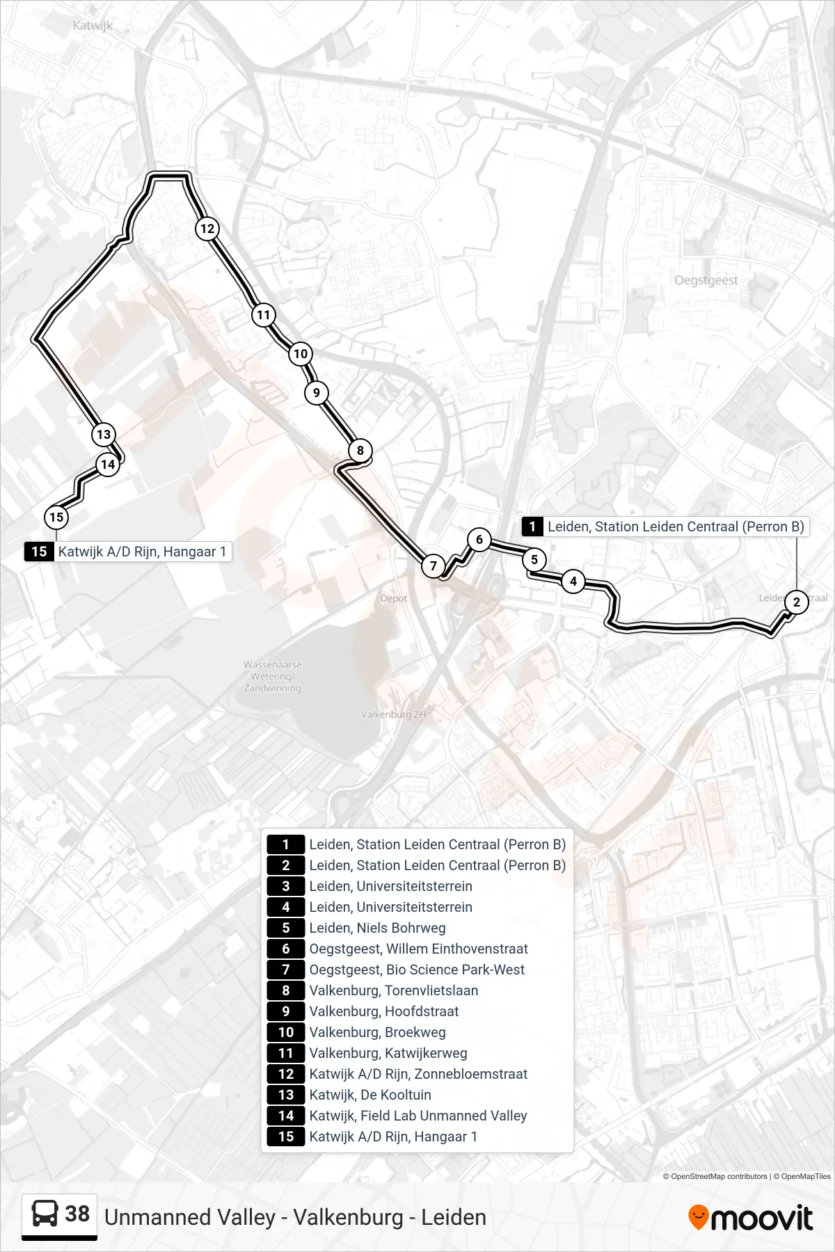 Lijn 38 (bus, Katwijk): route en haltes op de kaart
