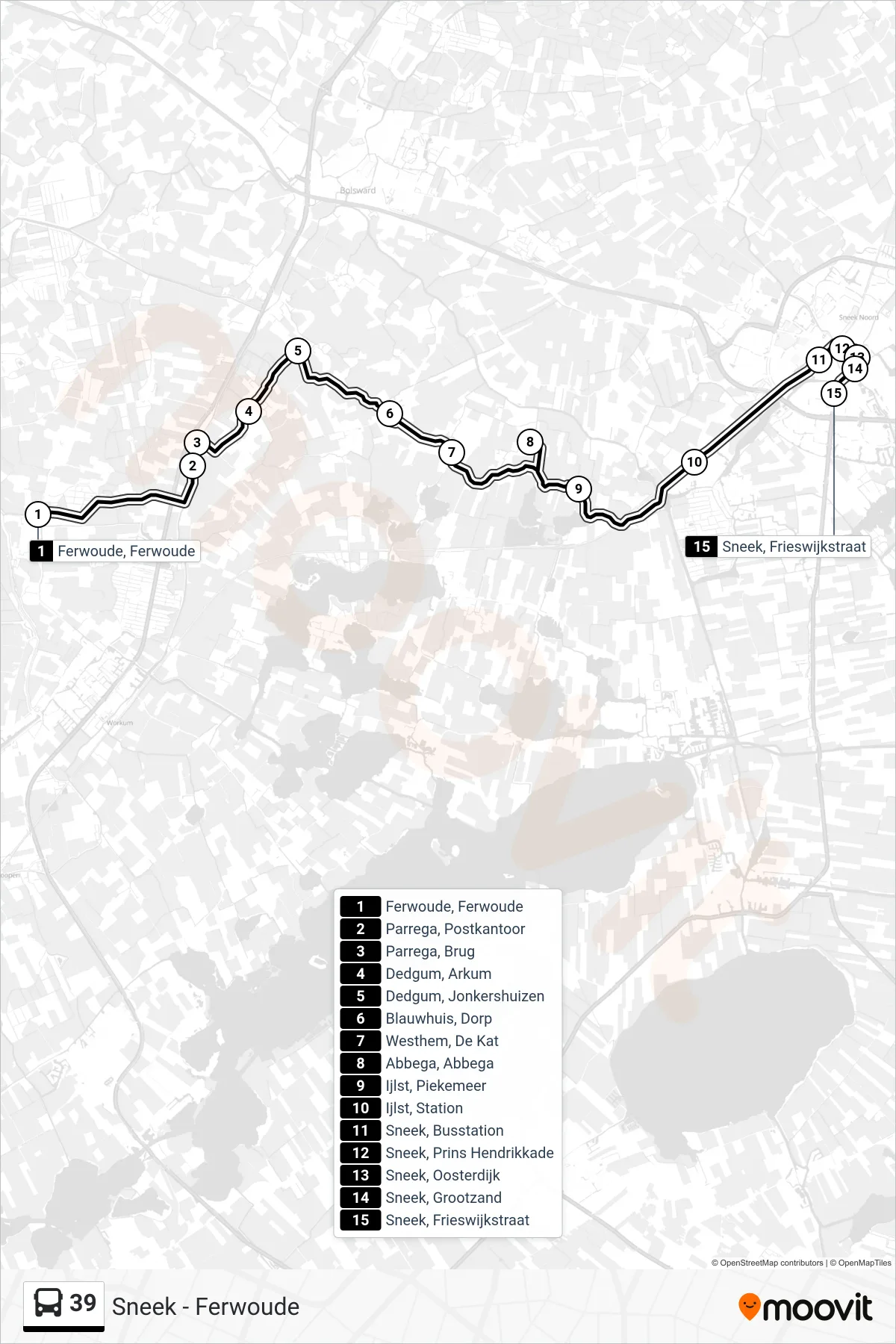 Lijn 39 (bus, Sneek): route en haltes op de kaart