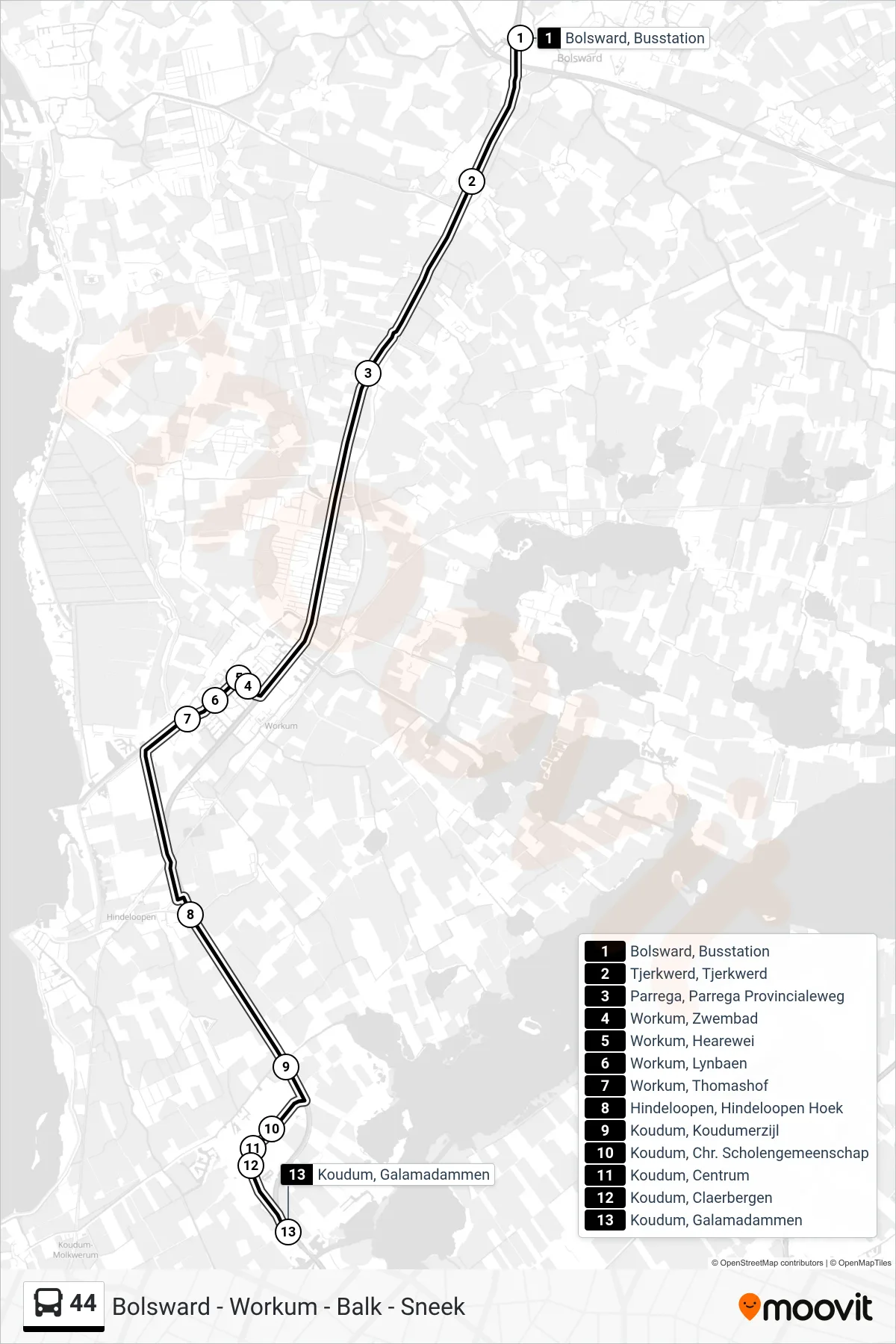 Lijn 44 (bus, Koudum): route en haltes op de kaart