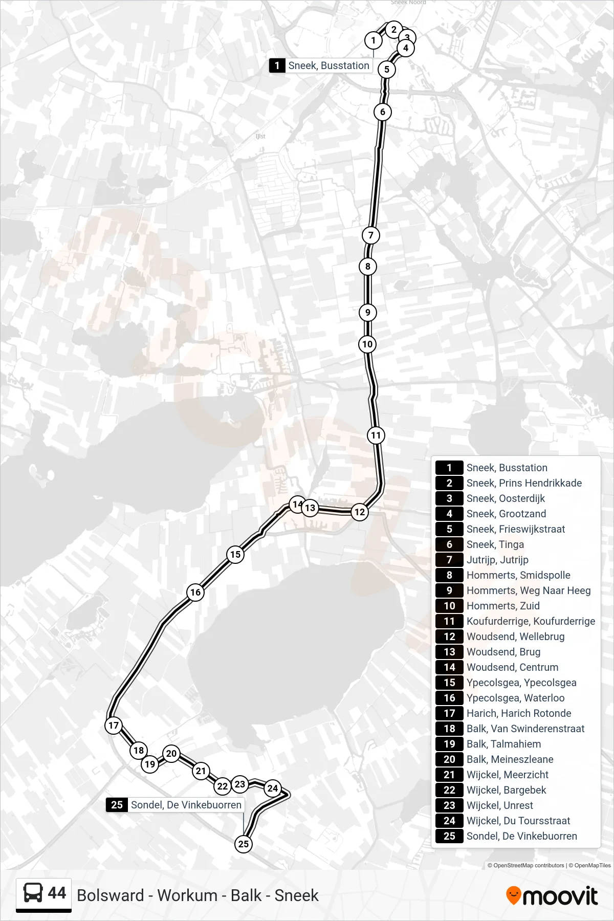 Lijn 44 (bus, De Vinkebuorren): route en haltes op de kaart