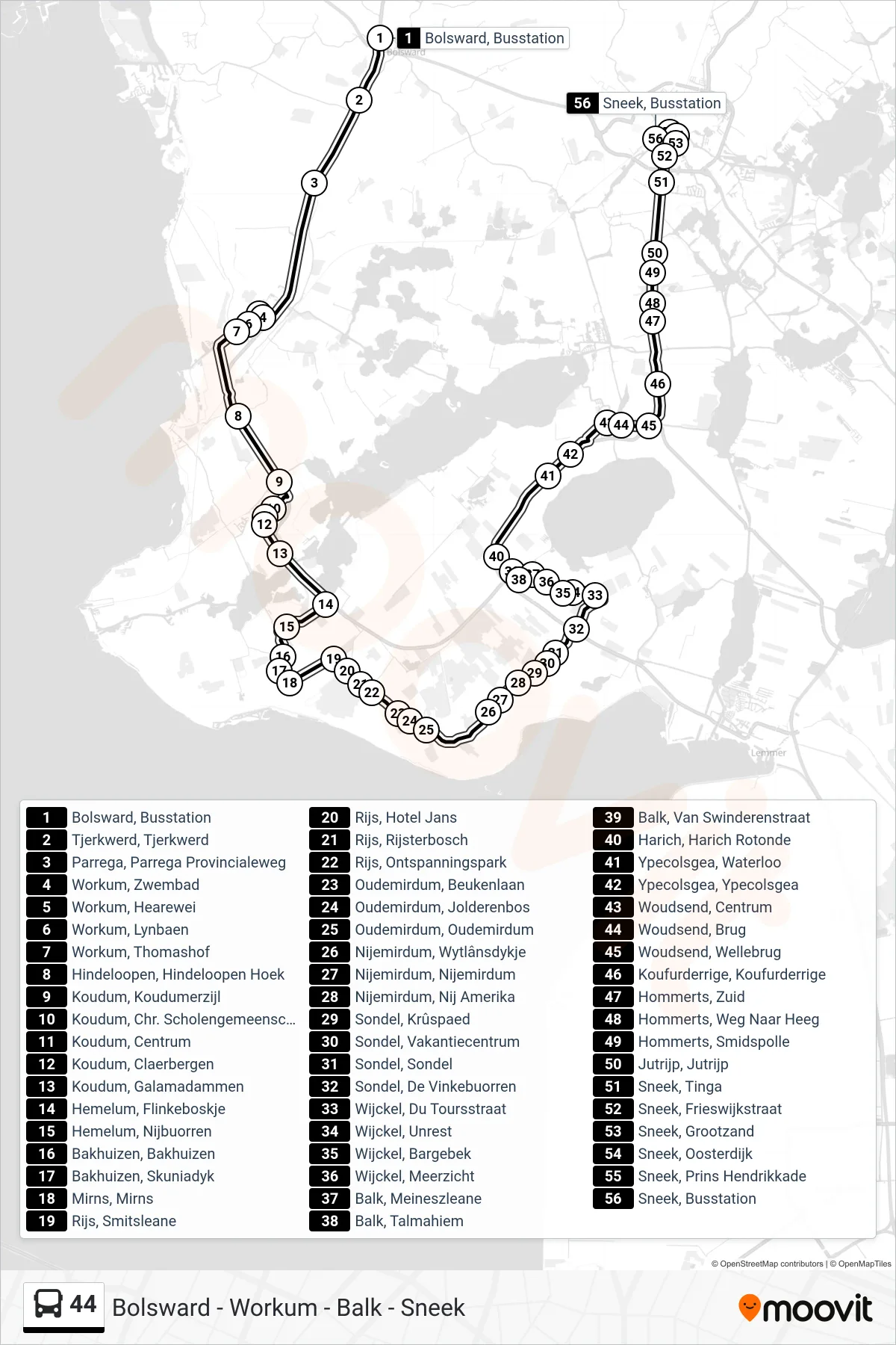 44 bus Line (Balk) route and stops on a map
