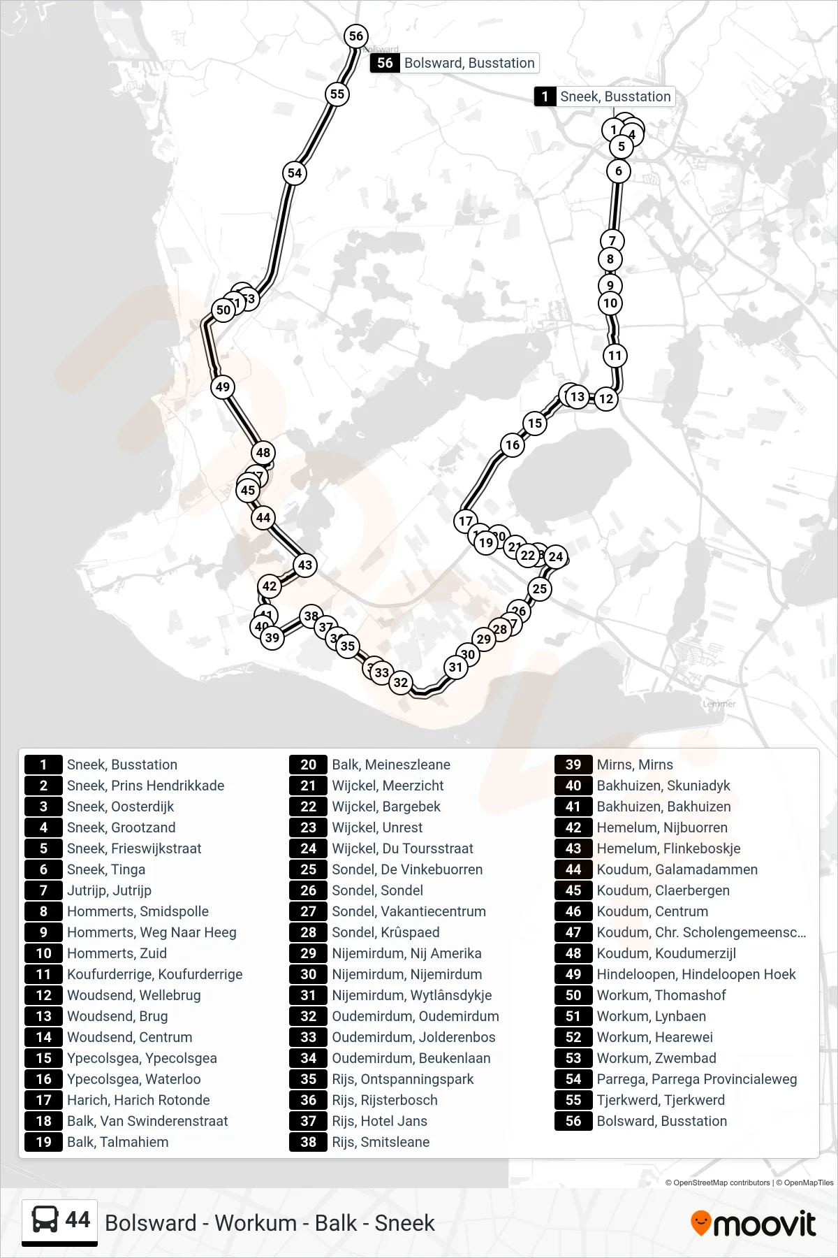 Lijn 44 (bus, Koudum): route en haltes op de kaart