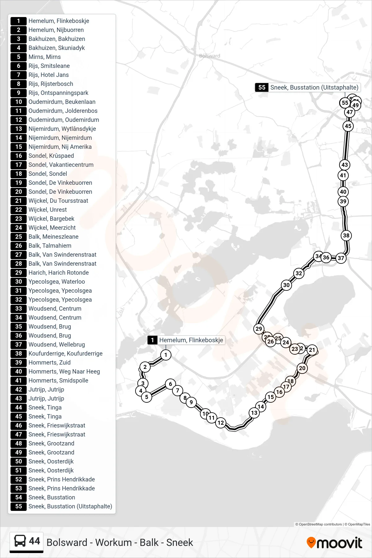44 bus Line (Sneek) route and stops on a map