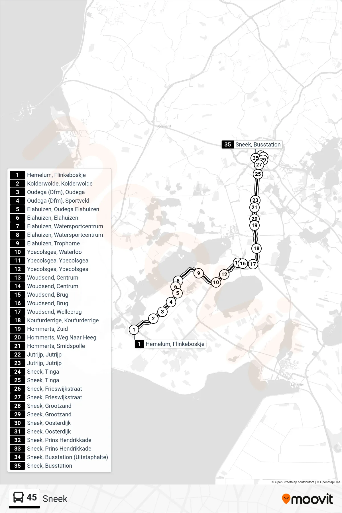 Lijn 45 (bus, Sneek): route en haltes op de kaart
