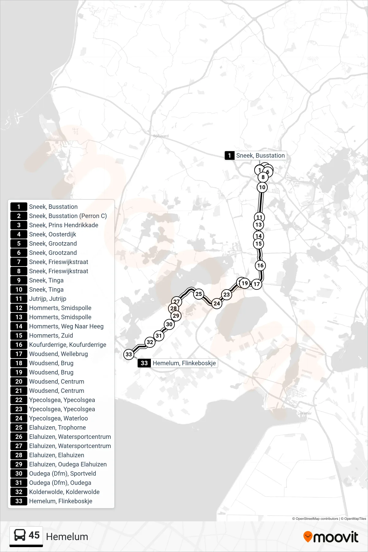 Lijn 45 (bus, Hemelum): route en haltes op de kaart
