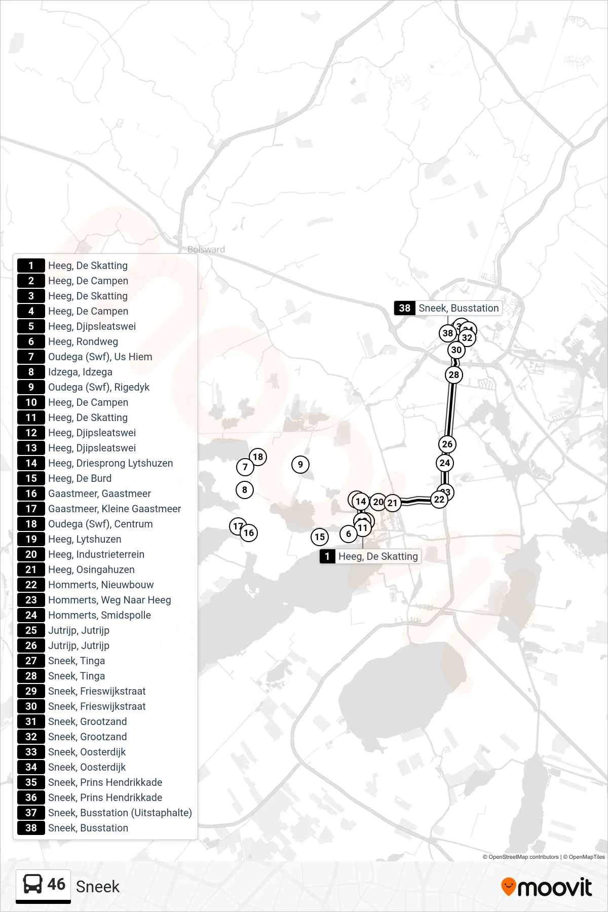 Lijn 46 (bus, Sneek): route en haltes op de kaart