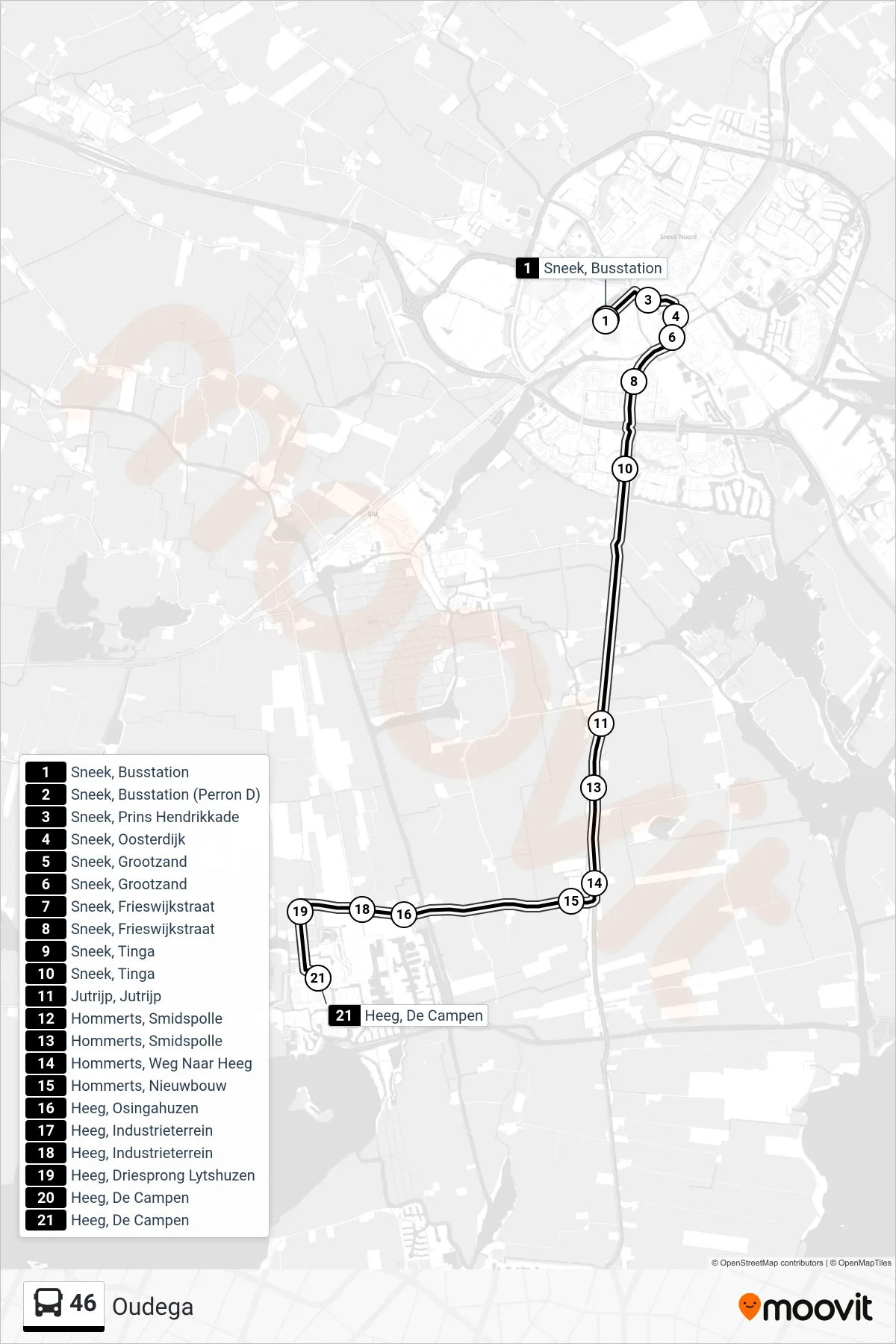 46 bus Line (Oudega) route and stops on a map