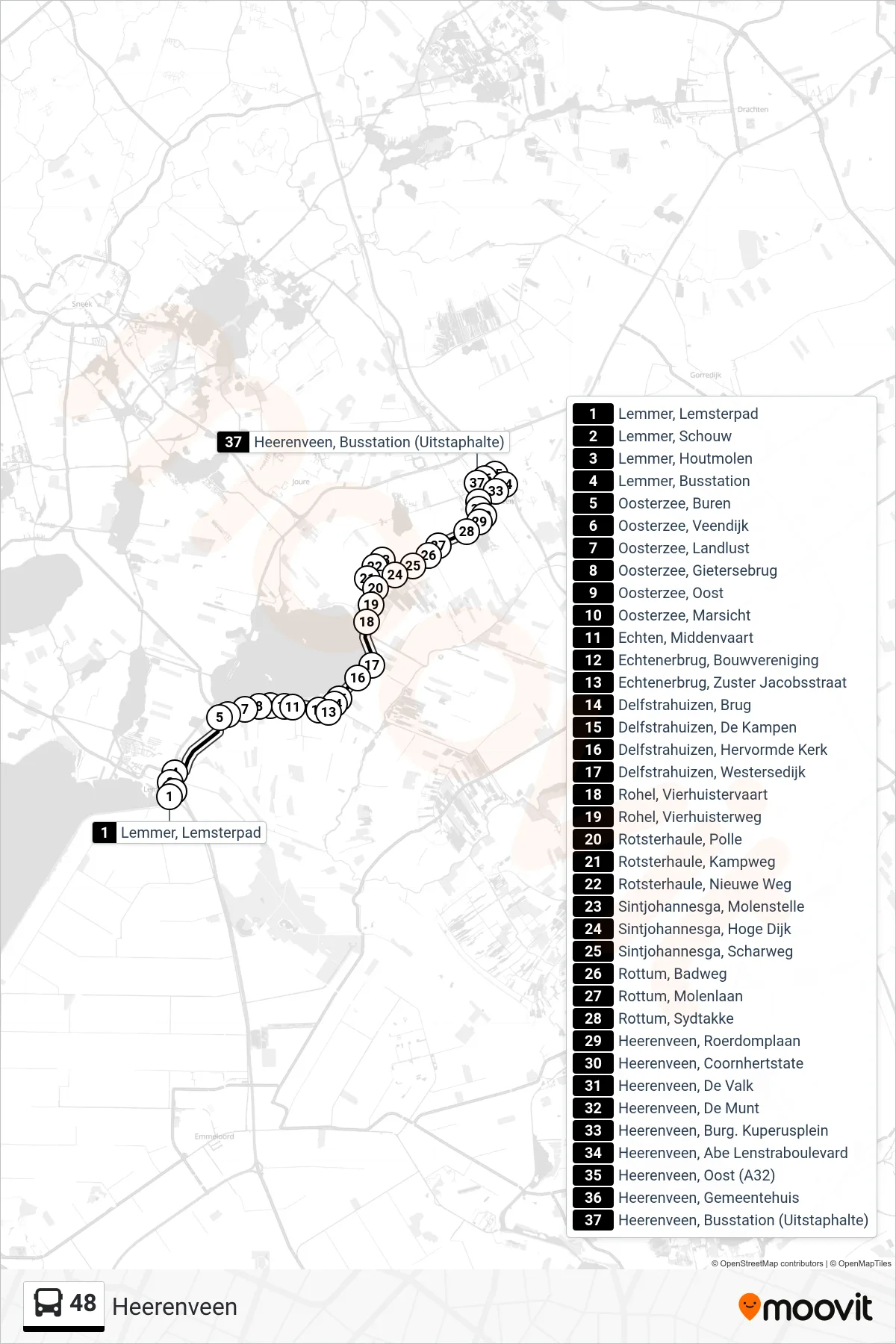Lijn 48 (bus, Heerenveen): route en haltes op de kaart