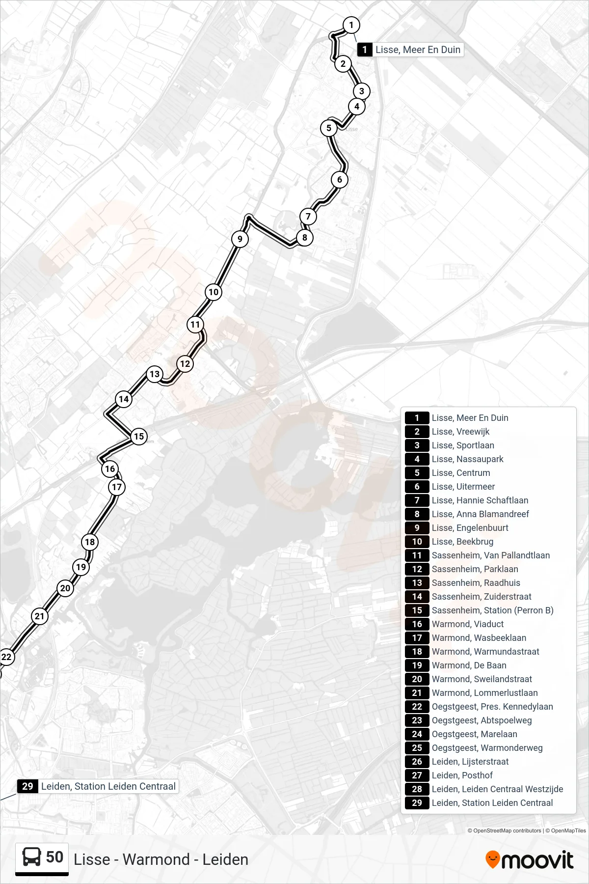 Lijn 50 (bus, Leiden Cs): route en haltes op de kaart