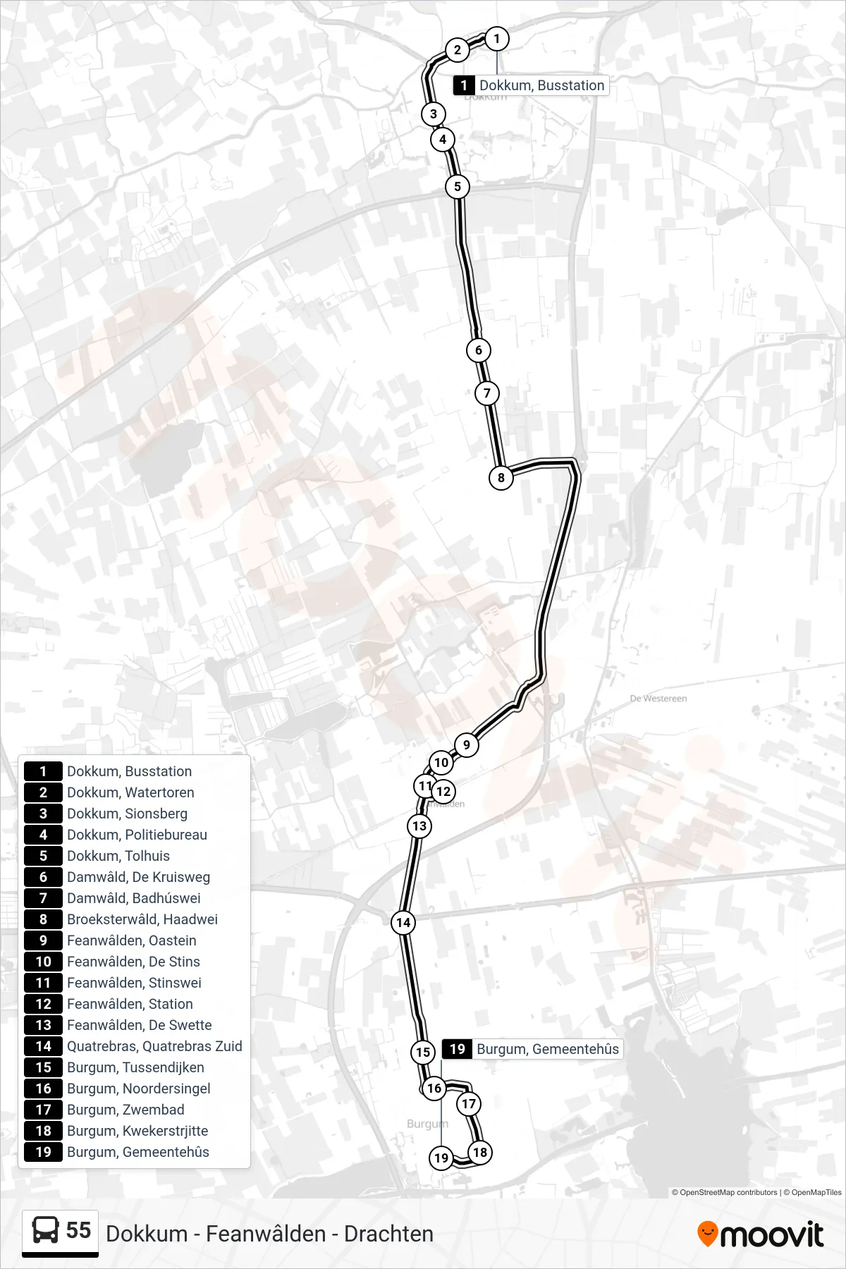 Lijn 55 (bus, Burgum): route en haltes op de kaart