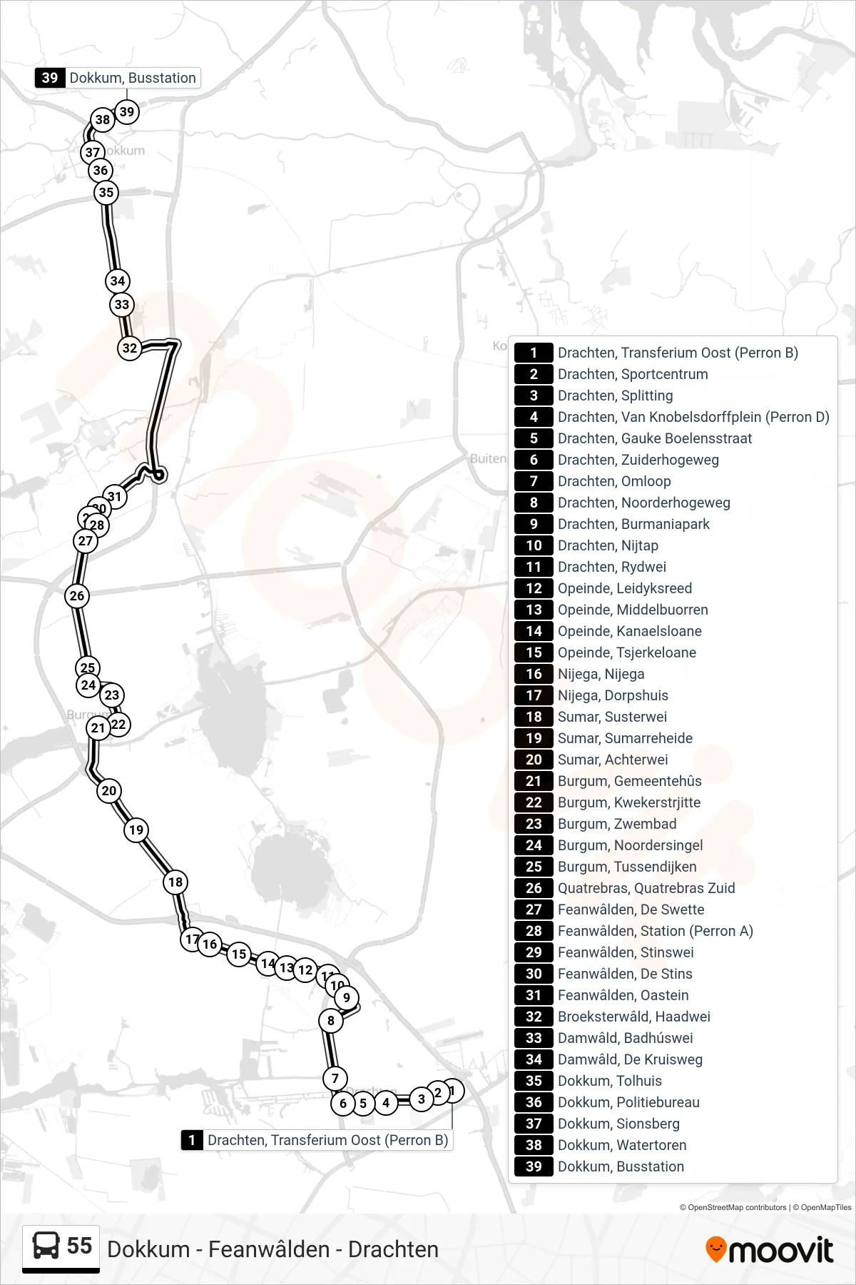 55 bus Line (Dokkum) route and stops on a map