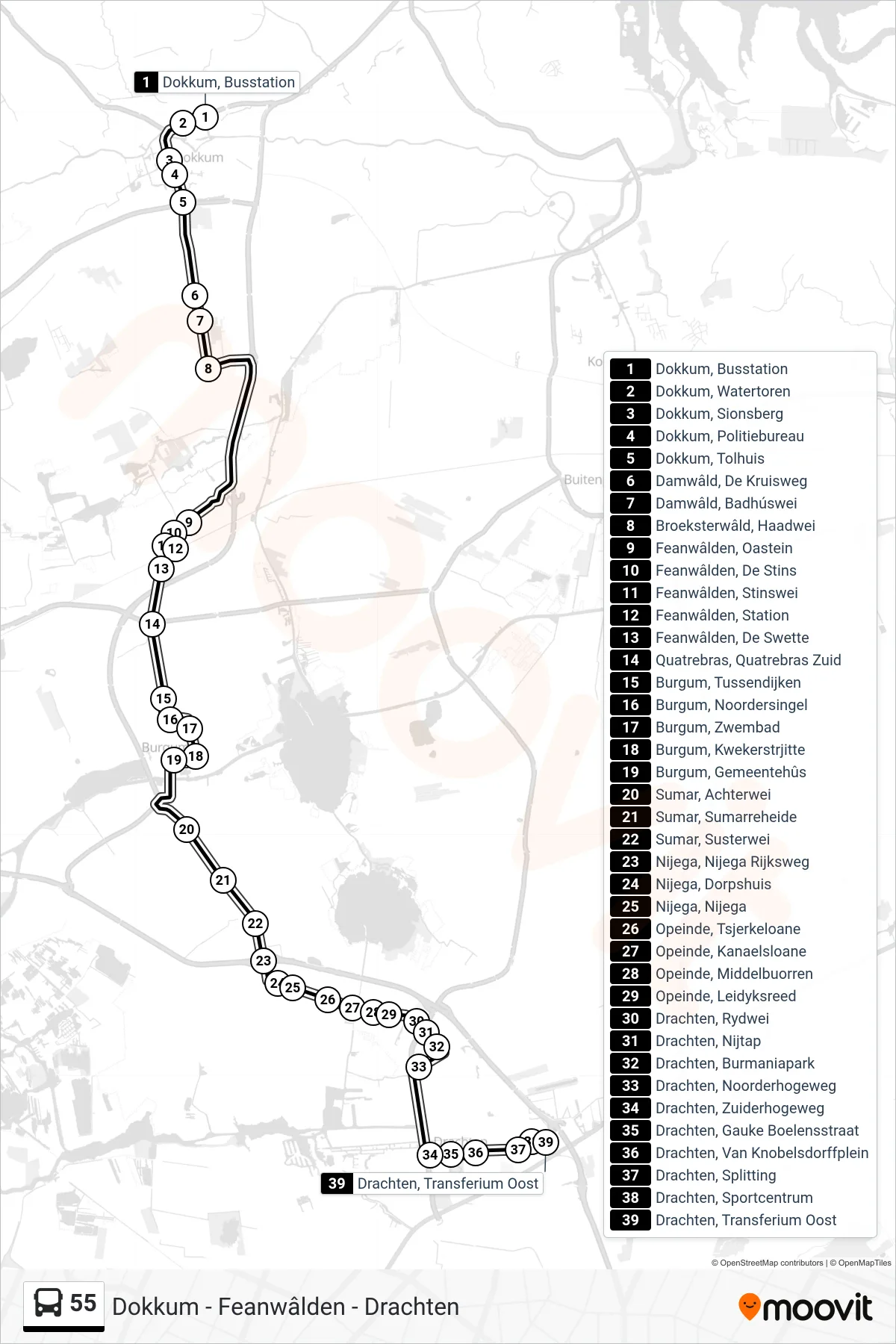 Lijn 55 (bus, Drachten): route en haltes op de kaart