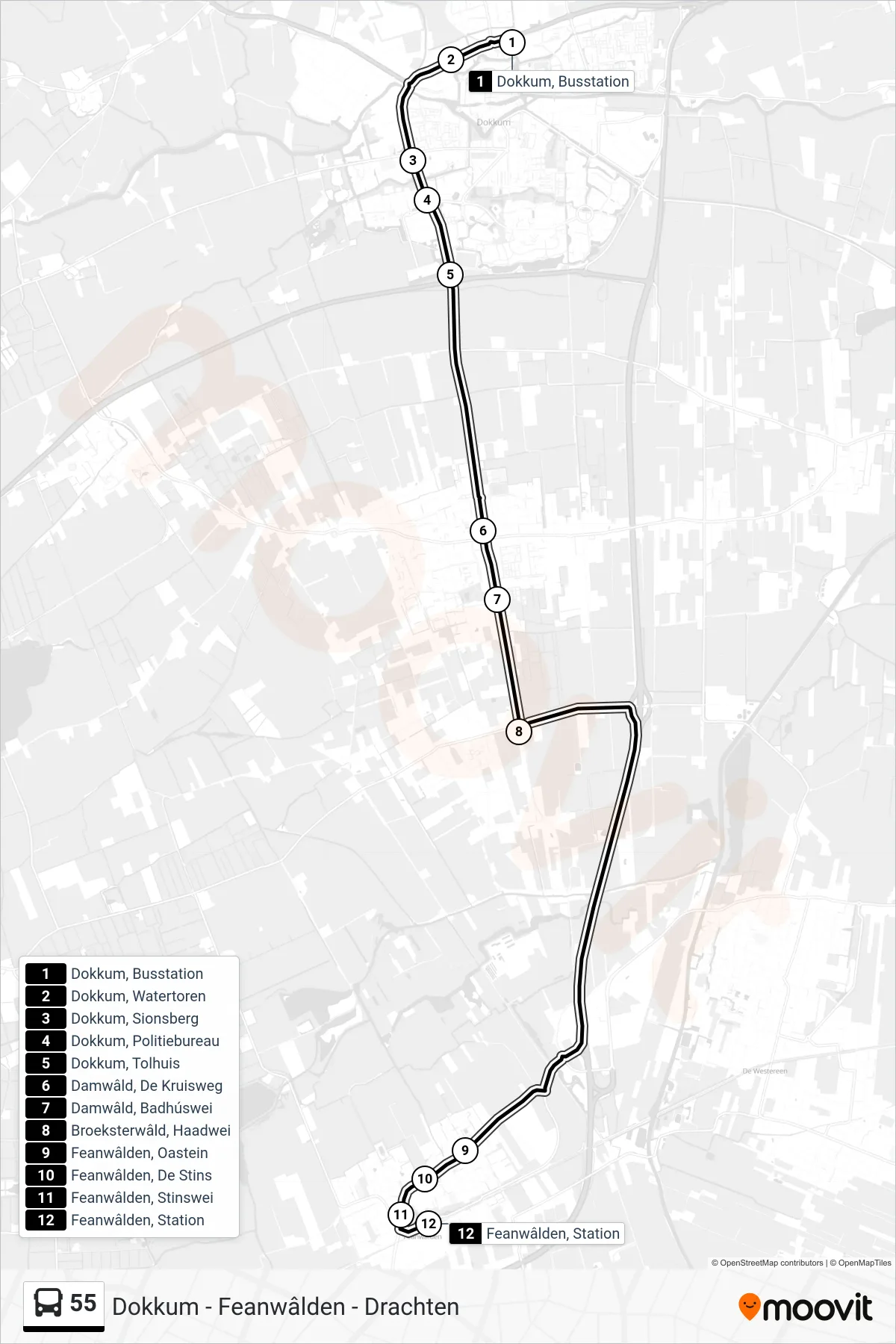 Lijn 55 (bus, Feanwâlden): route en haltes op de kaart