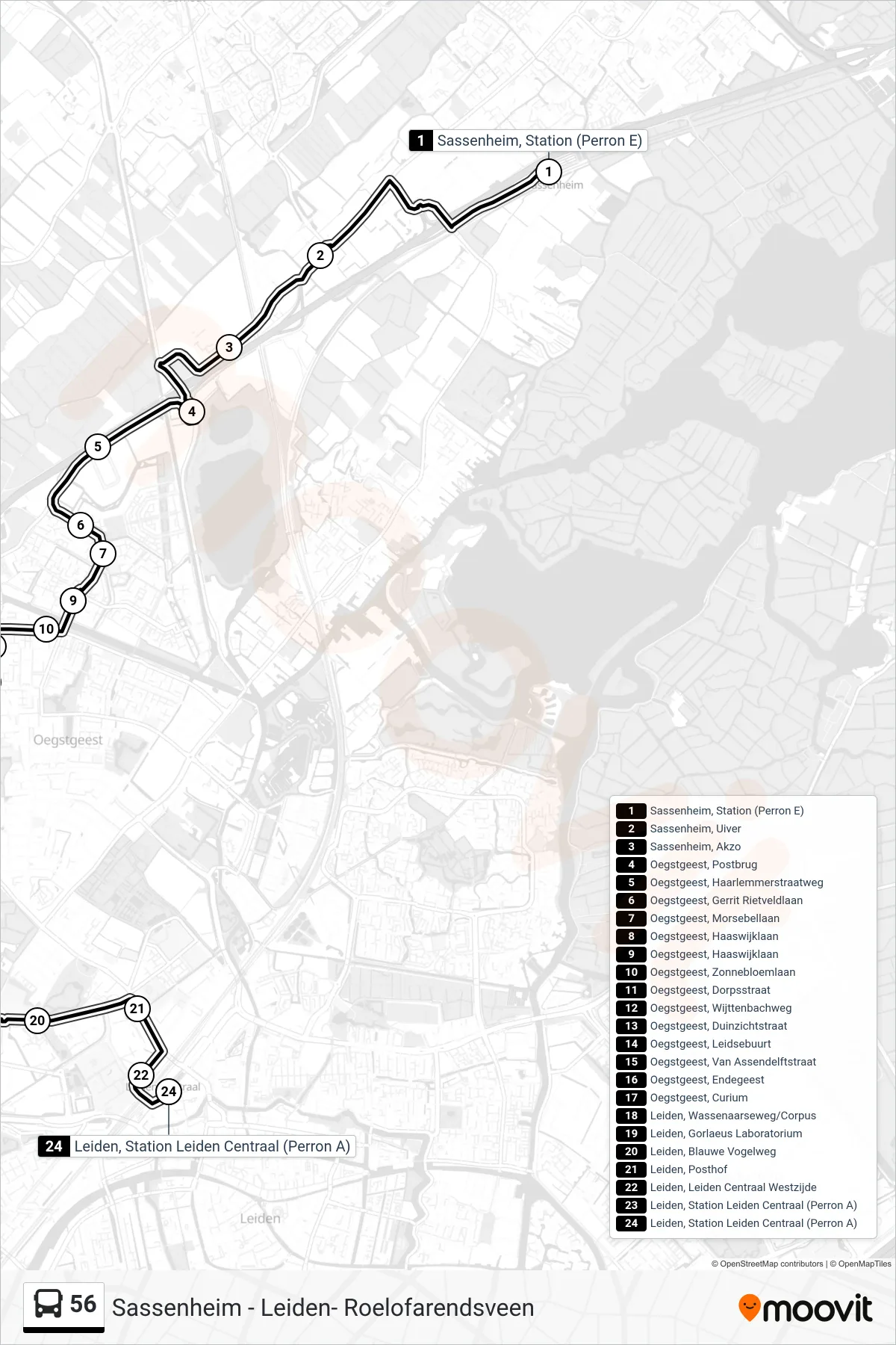 56 bus Line (Leiden Cs) route and stops on a map